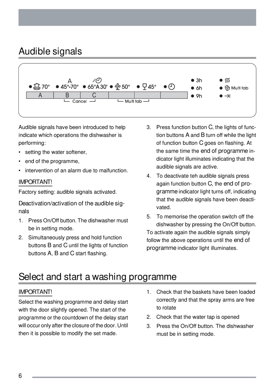 Zanussi ZDT 311 Audible signals, Select and start a washing programme, Deactivation/activation of the audible sig- nals 