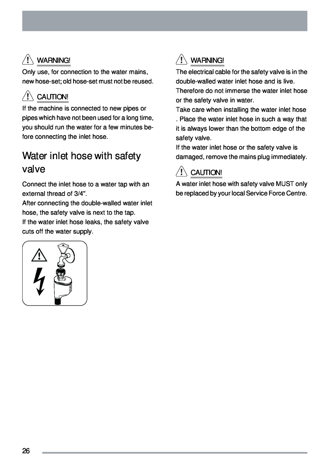 Zanussi ZDT 311 user manual Water inlet hose with safety valve 