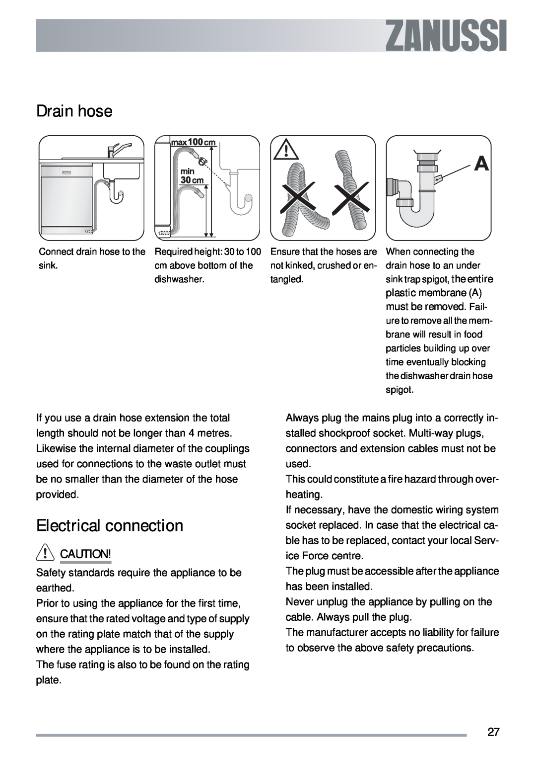 Zanussi ZDT 311 user manual Drain hose, Electrical connection 