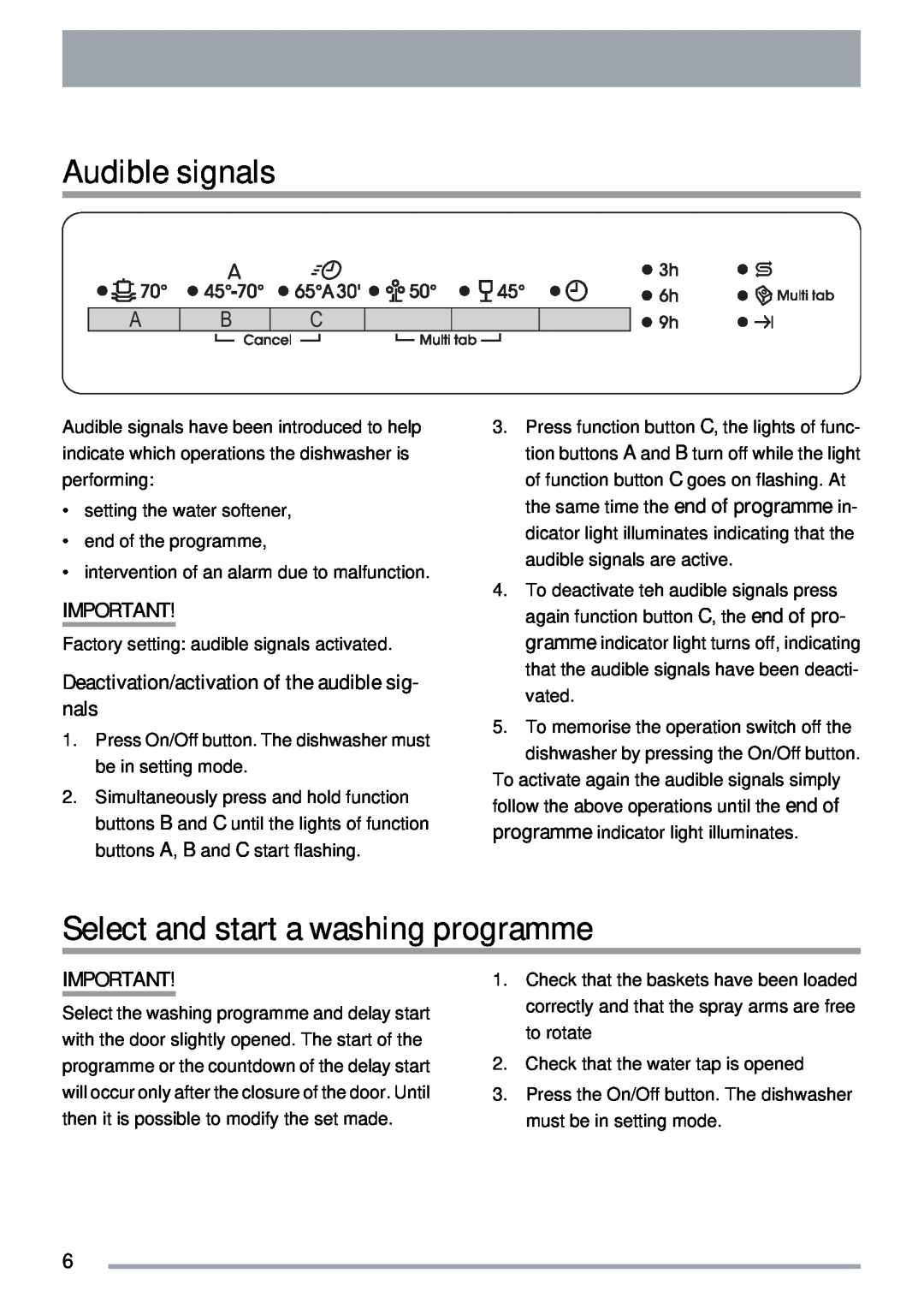 Zanussi ZDT 311 Audible signals, Select and start a washing programme, setting the water softener end of the programme 
