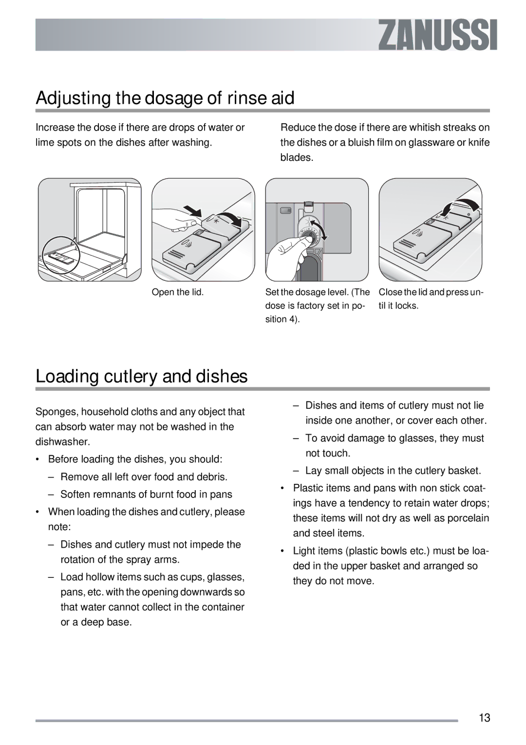 Zanussi ZDT 312 manual Adjusting the dosage of rinse aid, Loading cutlery and dishes 