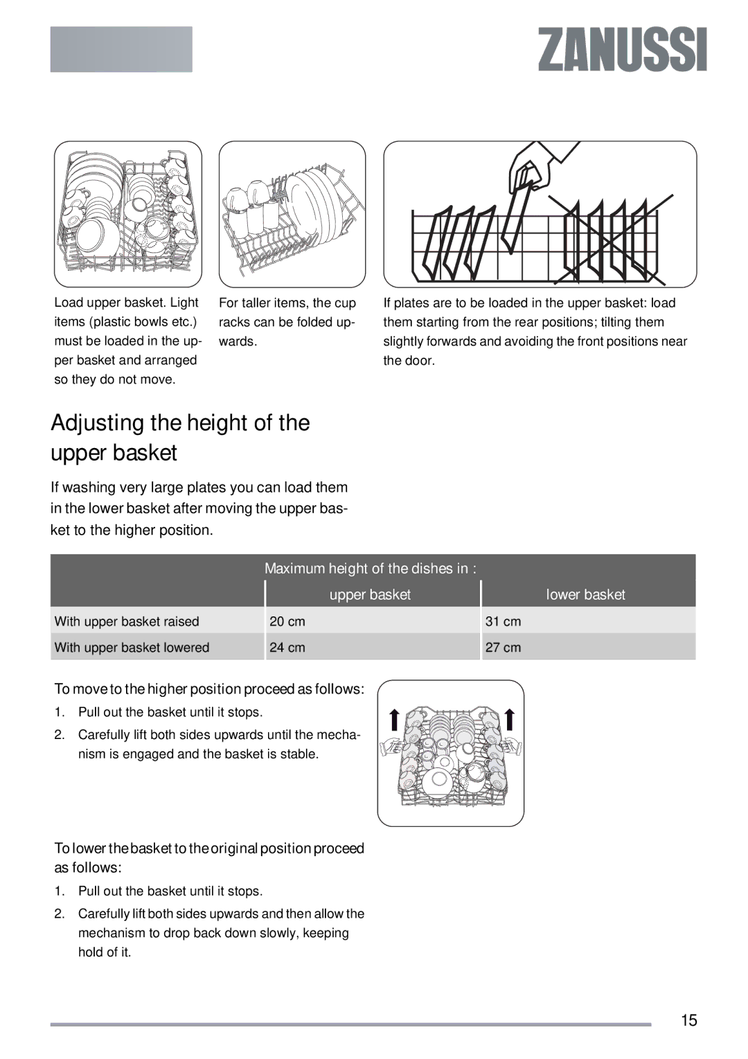 Zanussi ZDT 312 manual Adjusting the height of the upper basket, Maximum height of the dishes, Upper basket, Lower basket 