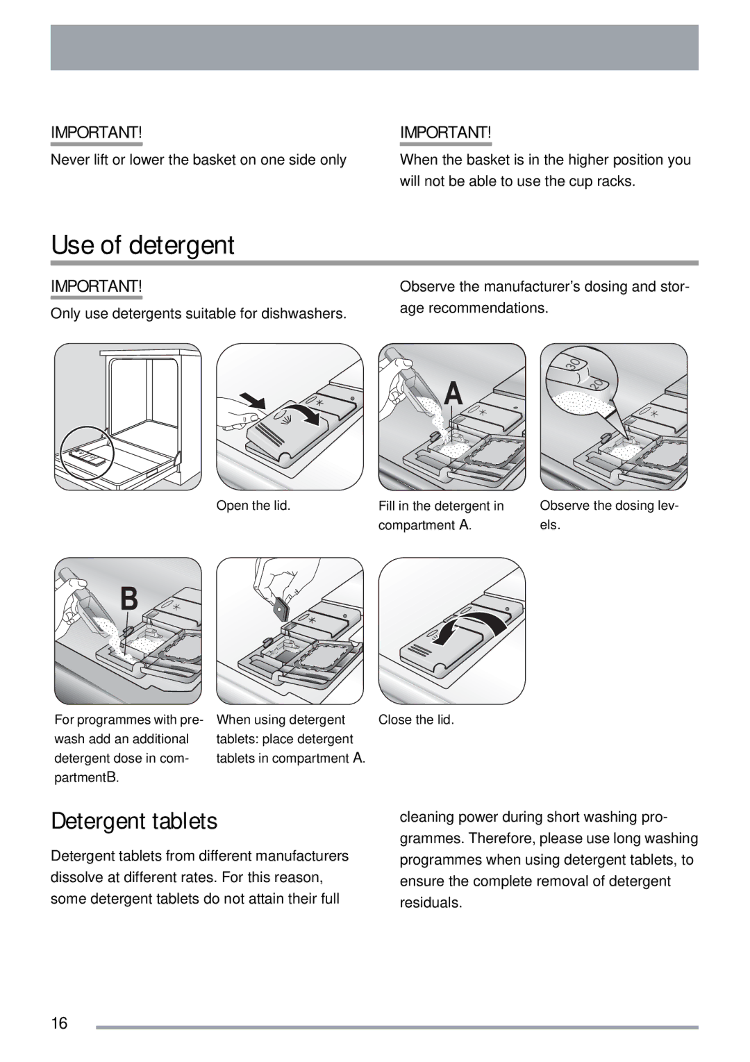 Zanussi ZDT 312 manual Use of detergent, Detergent tablets 