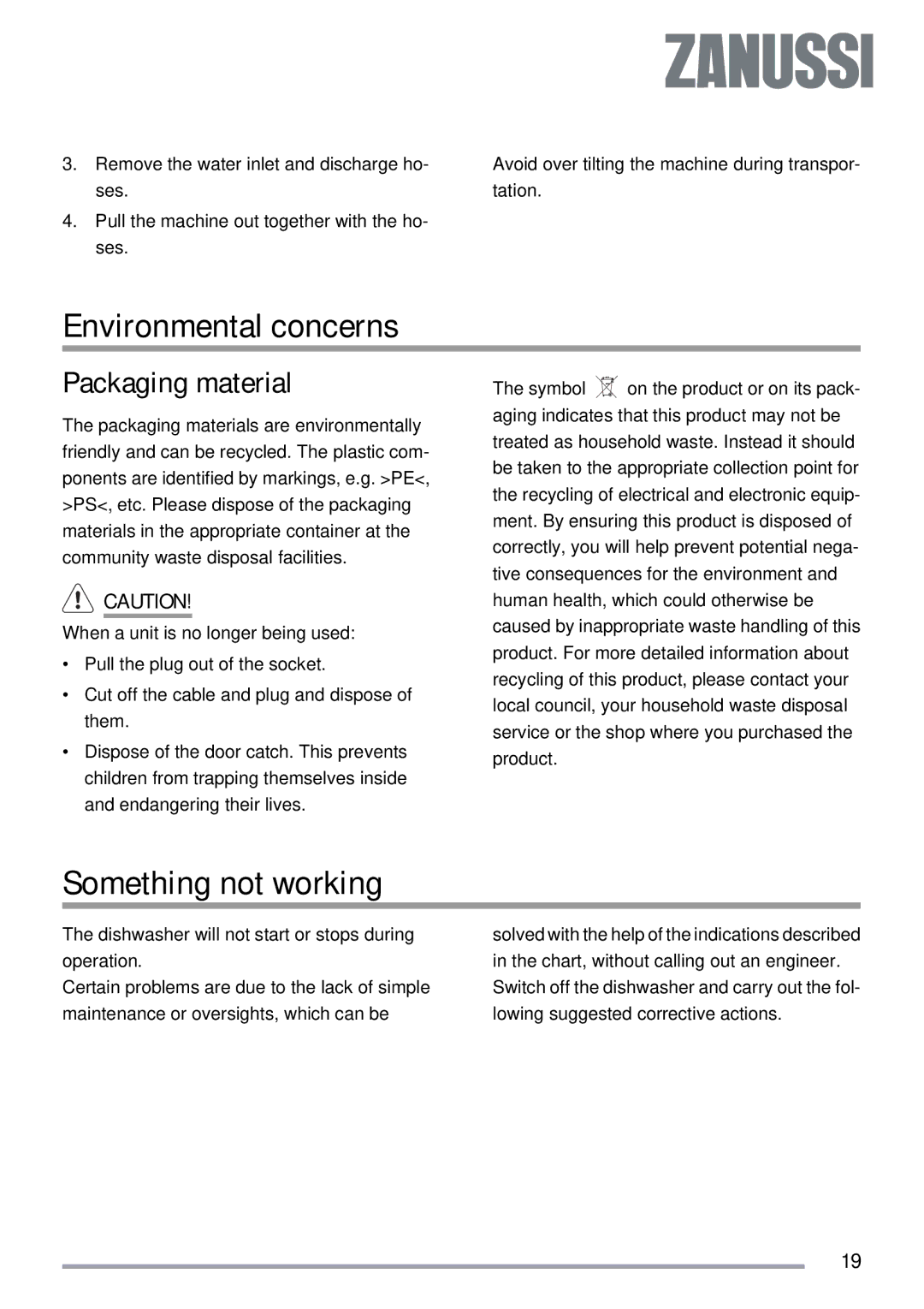 Zanussi ZDT 312 manual Environmental concerns, Something not working, Packaging material 