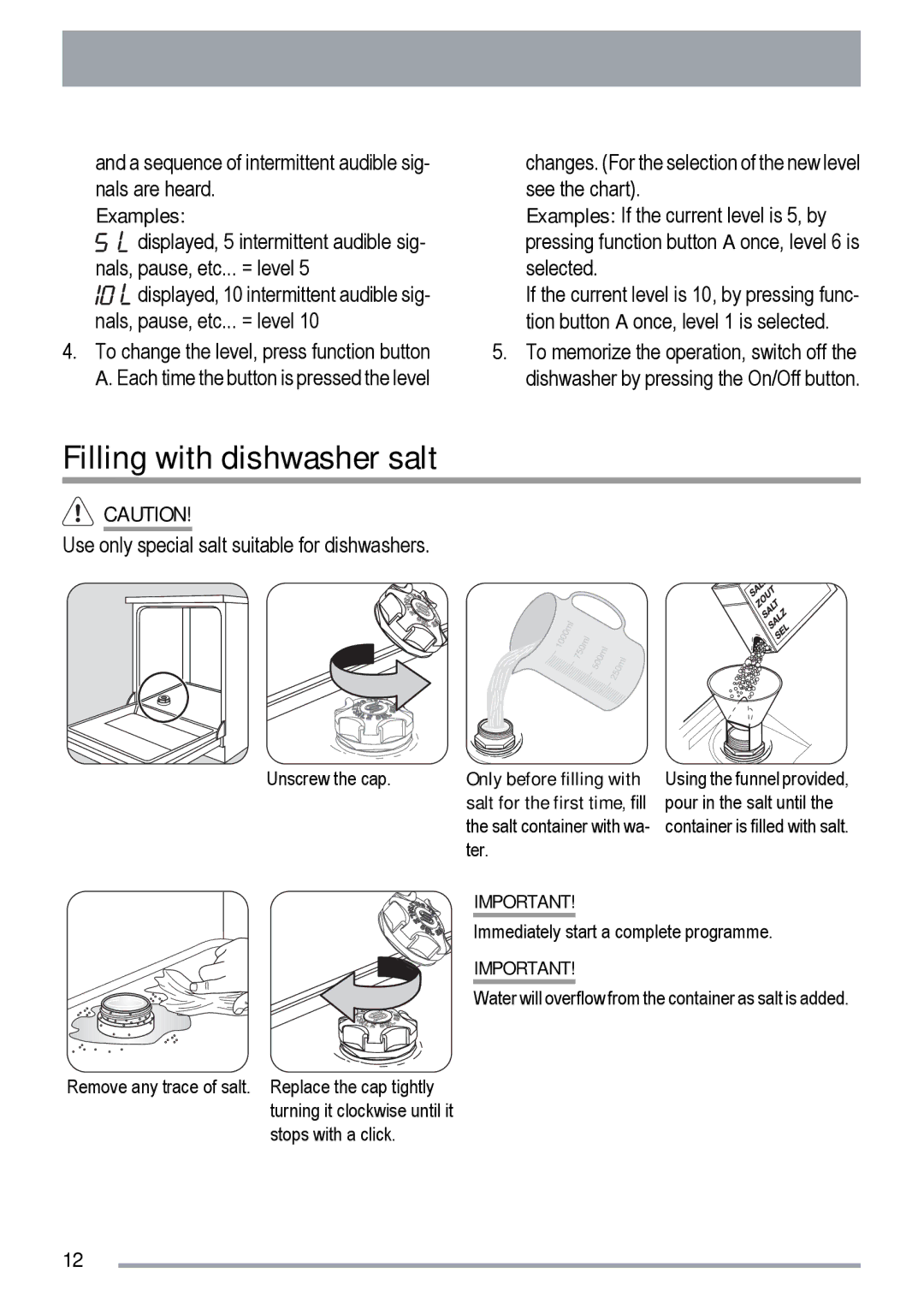 Zanussi ZDT 420 user manual Filling with dishwasher salt, Examples 