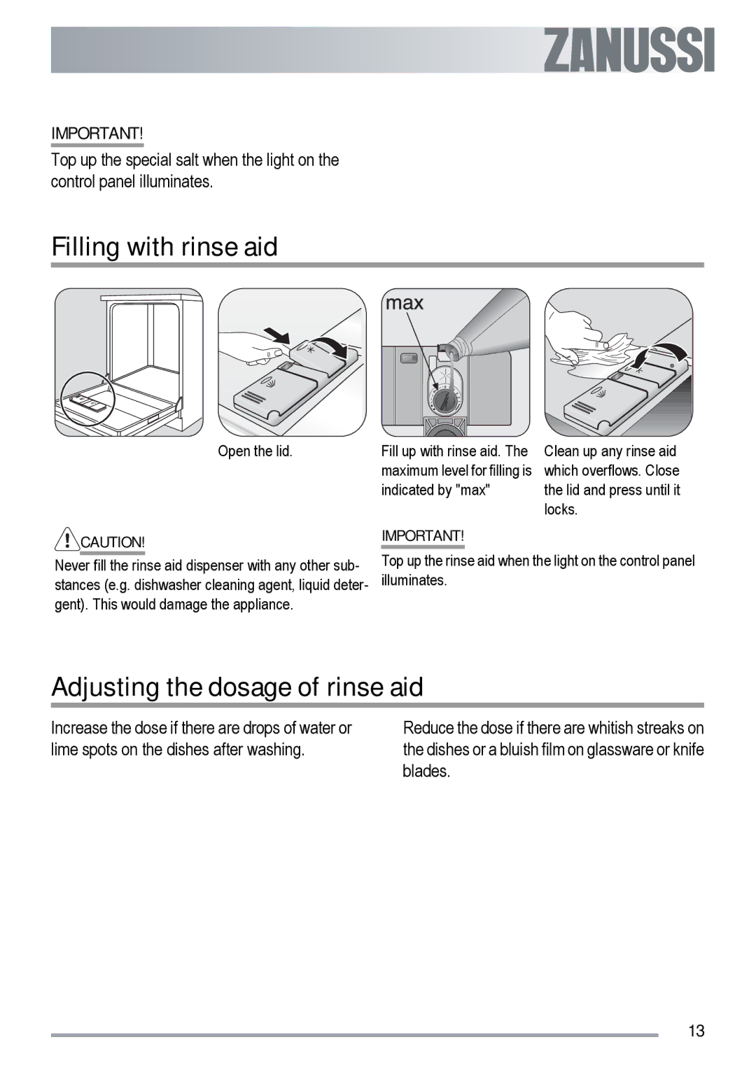 Zanussi ZDT 420 user manual Filling with rinse aid, Adjusting the dosage of rinse aid 