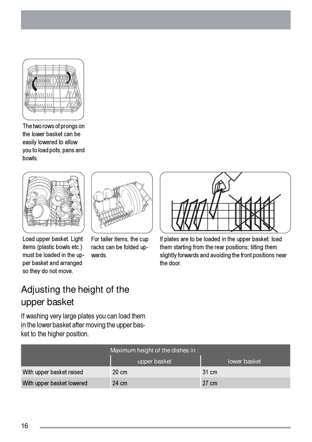 Zanussi ZDT 420 Adjusting the height of the upper basket, Maximum height of the dishes Upper basket, Lower basket 