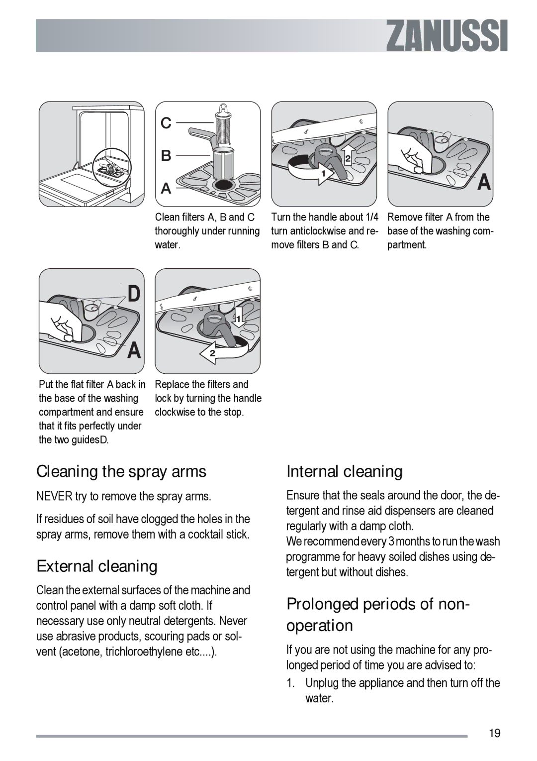 Zanussi ZDT 420 Cleaning the spray arms, External cleaning, Internal cleaning, Prolonged periods of non- operation 