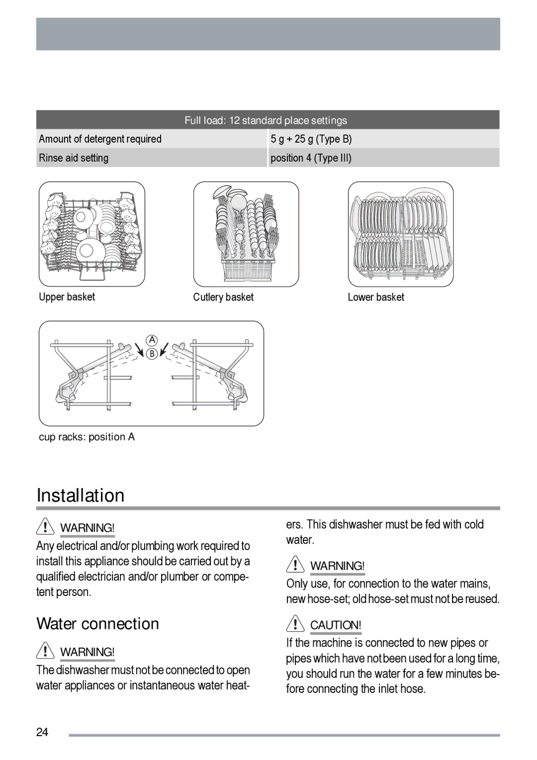 Zanussi ZDT 420 user manual Installation, Water connection, Full load 12 standard place settings 