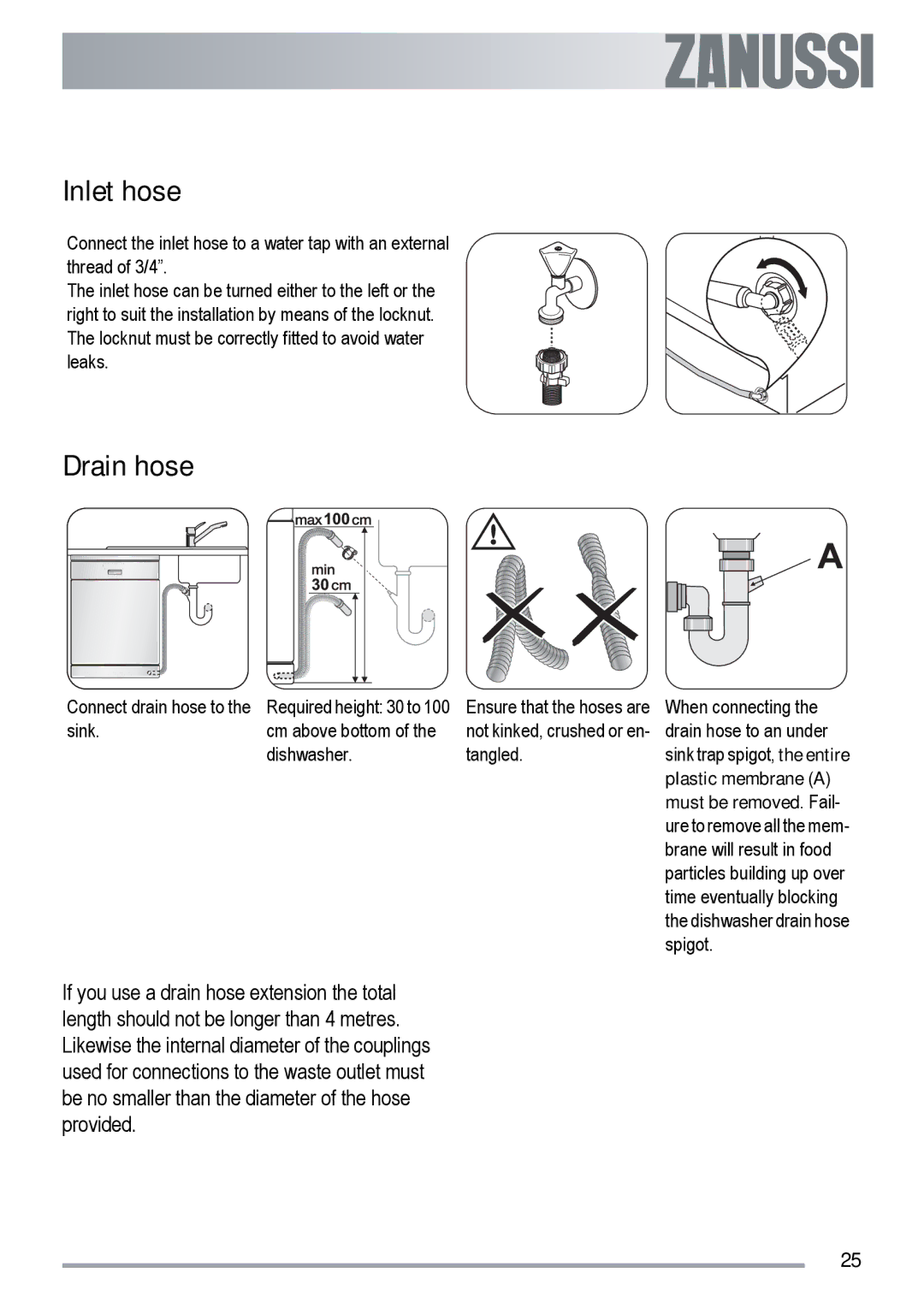 Zanussi ZDT 420 user manual Inlet hose, Drain hose 