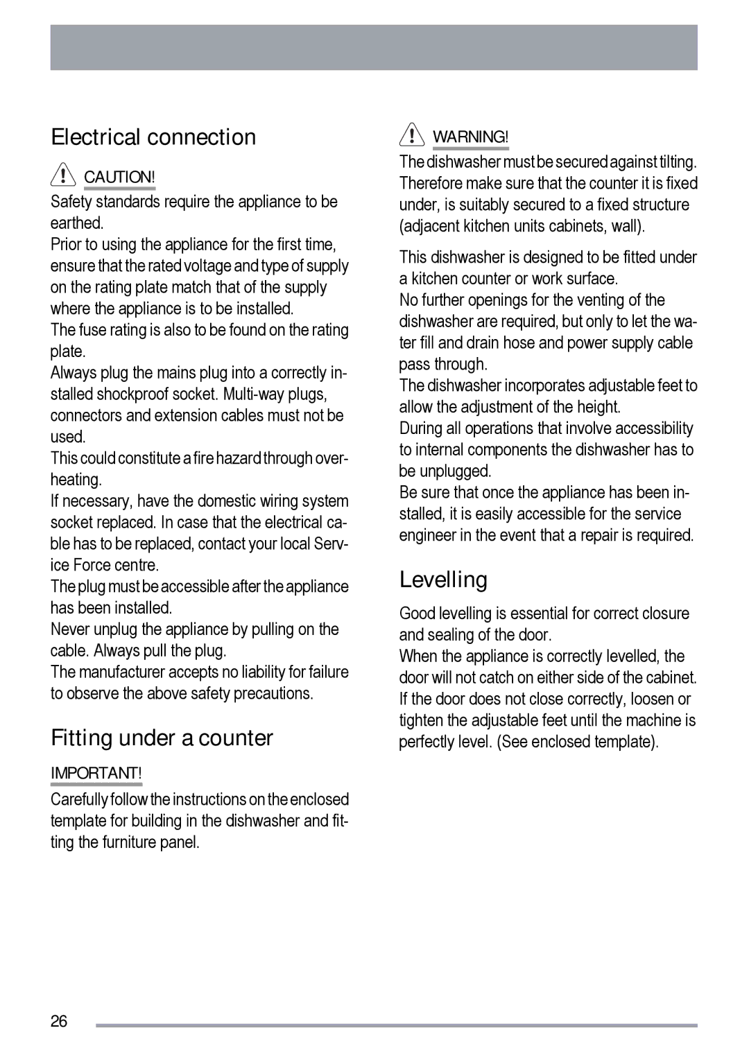 Zanussi ZDT 420 user manual Electrical connection, Fitting under a counter, Levelling 