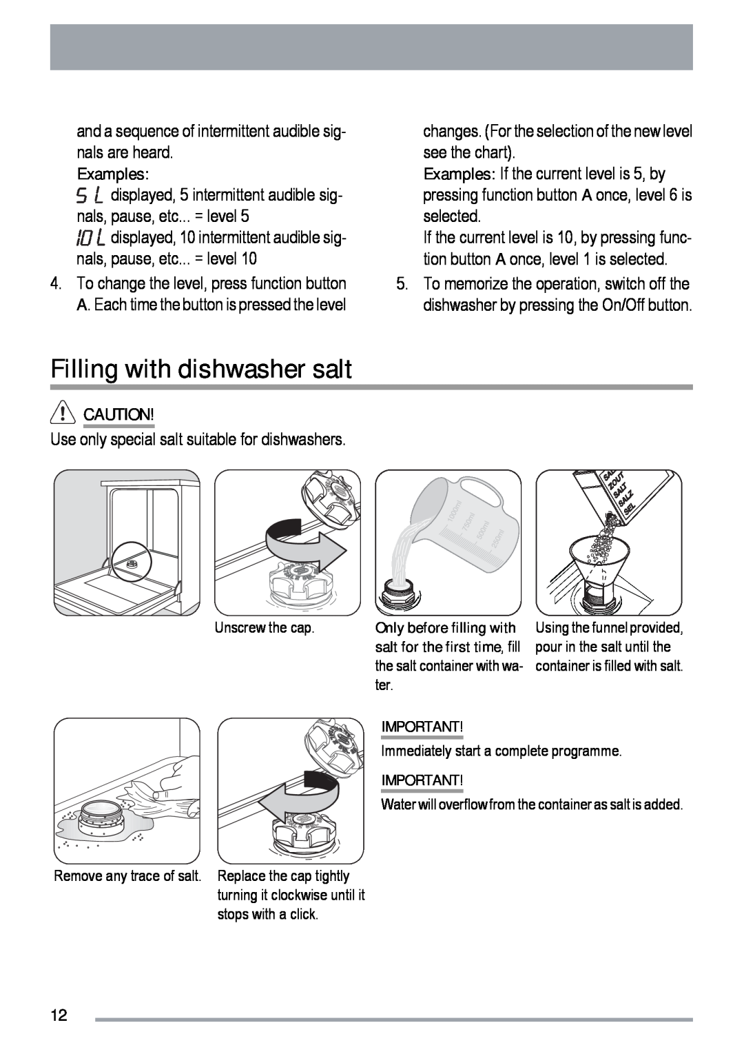 Zanussi ZDT 420 user manual Filling with dishwasher salt, Examples 