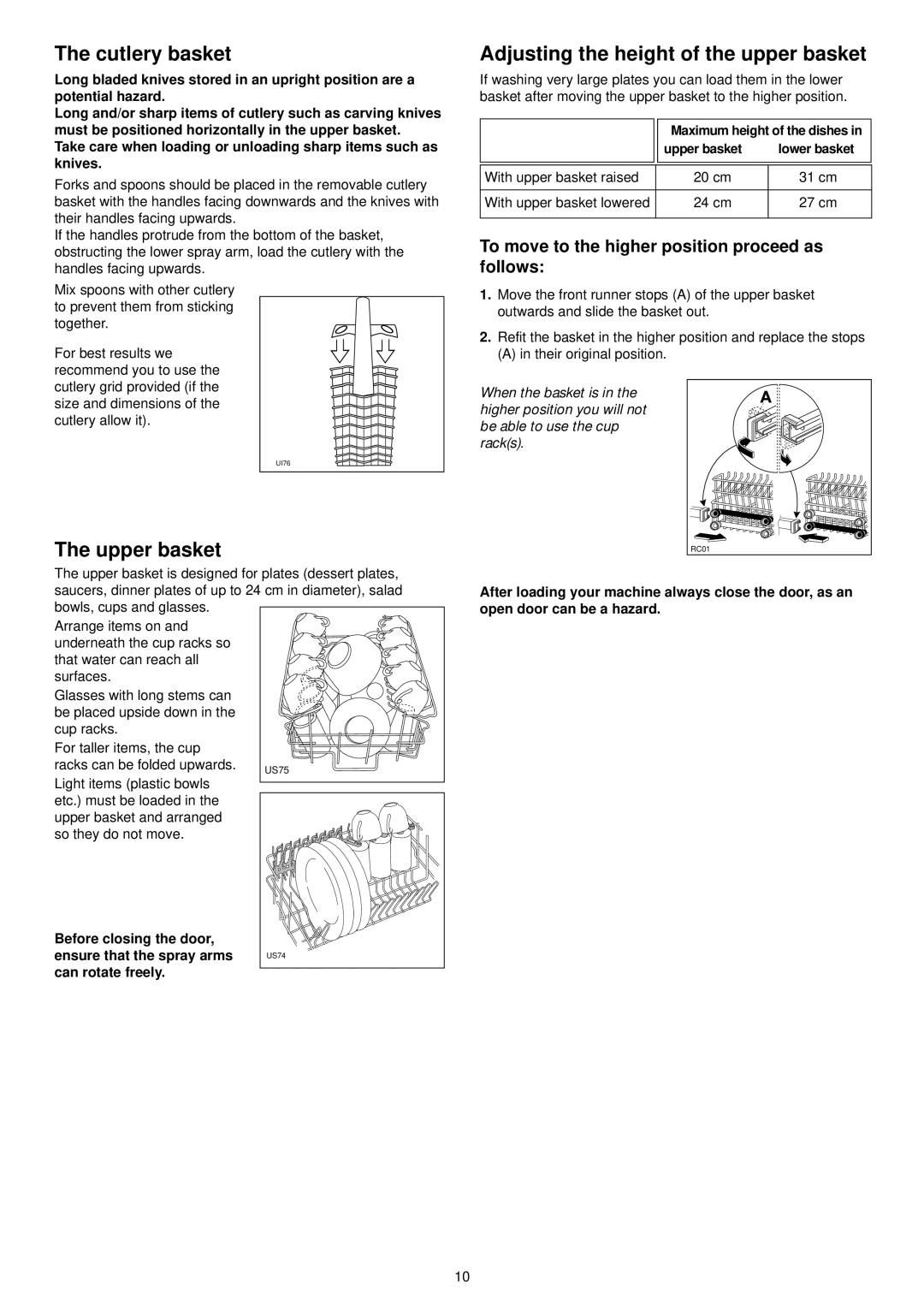 Zanussi ZDT 5044 manual Cutlery basket, Adjusting the height of the upper basket, Upper basket 