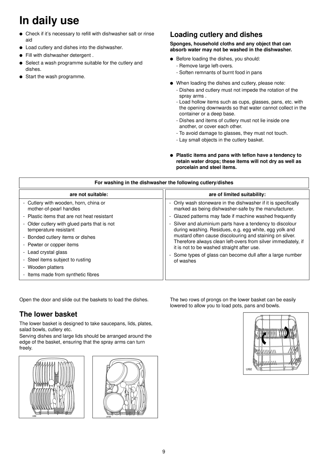 Zanussi ZDT 5044 manual Daily use, Loading cutlery and dishes, Lower basket, Are of limited suitability 