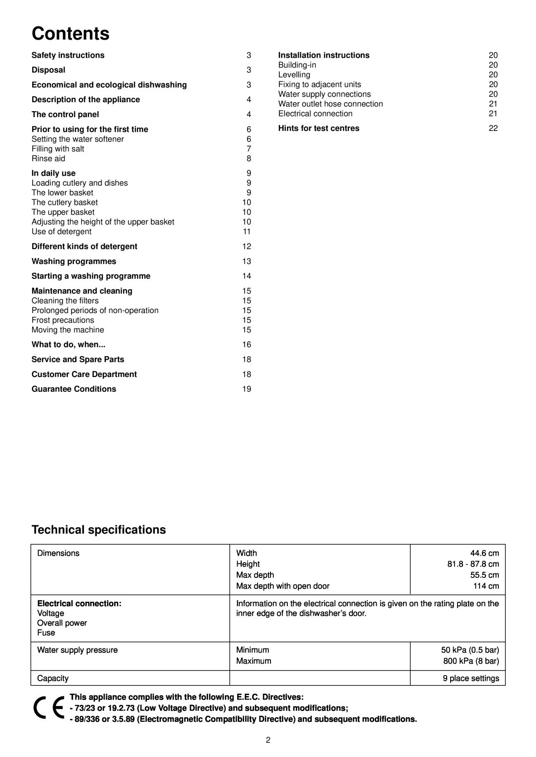 Zanussi ZDT 5044 manual Contents, Technical specifications 