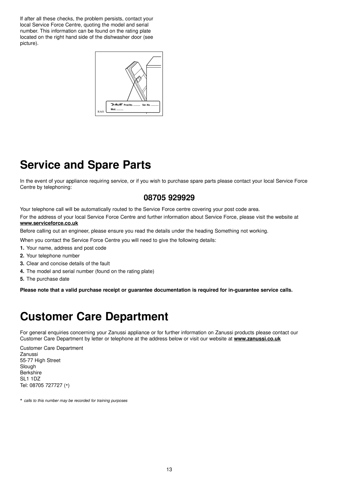 Zanussi ZDT 5052 manual Service and Spare Parts, Customer Care Department, Centre by telephoning, Zanussi.co.uk 