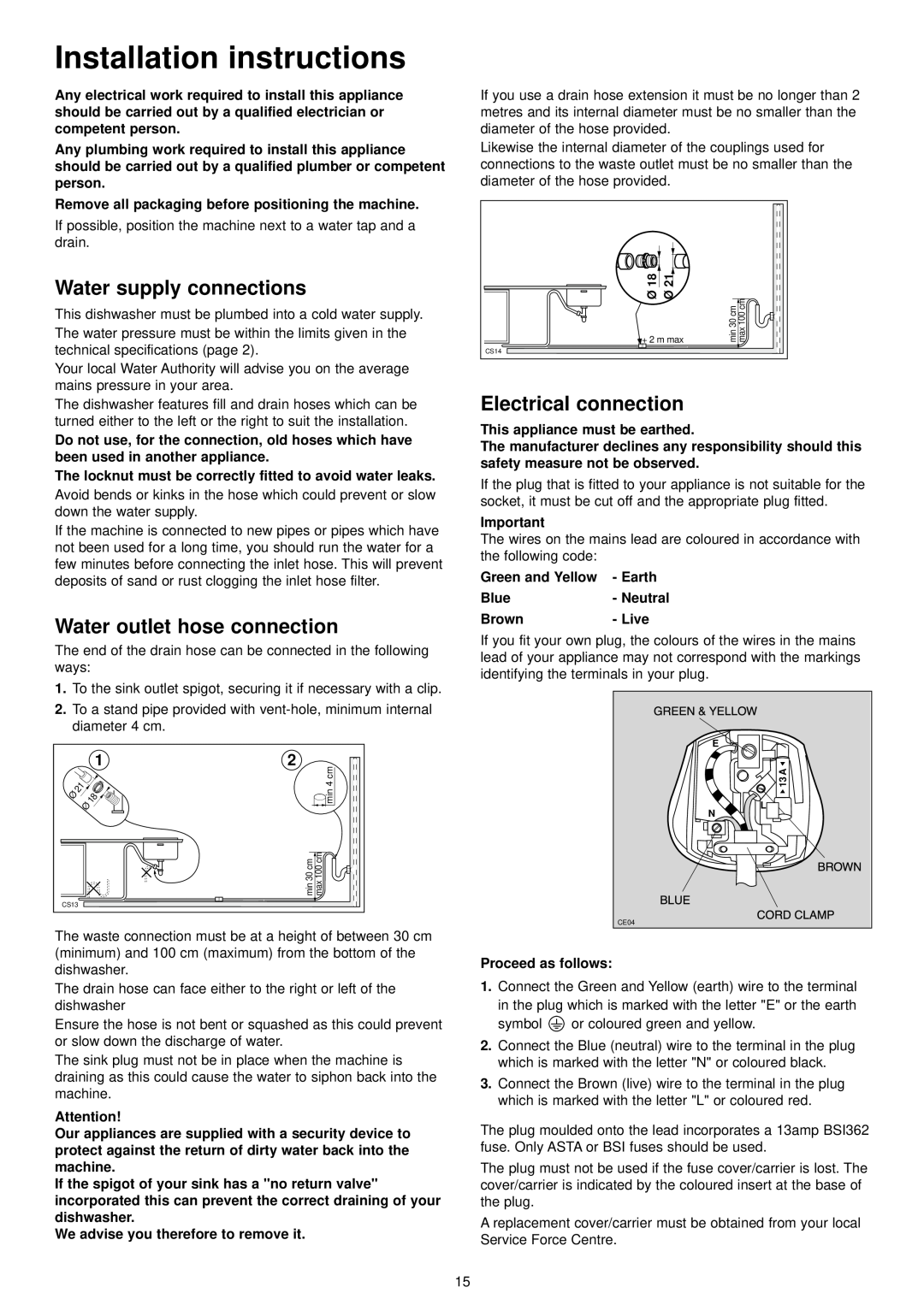 Zanussi ZDT 5052 Installation instructions, Water supply connections, Water outlet hose connection, Electrical connection 