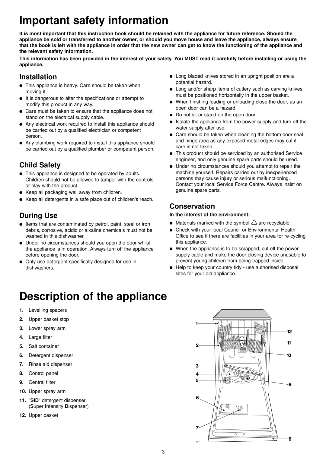 Zanussi ZDT 5052 manual Important safety information, Description of the appliance, Installation, Child Safety, During Use 