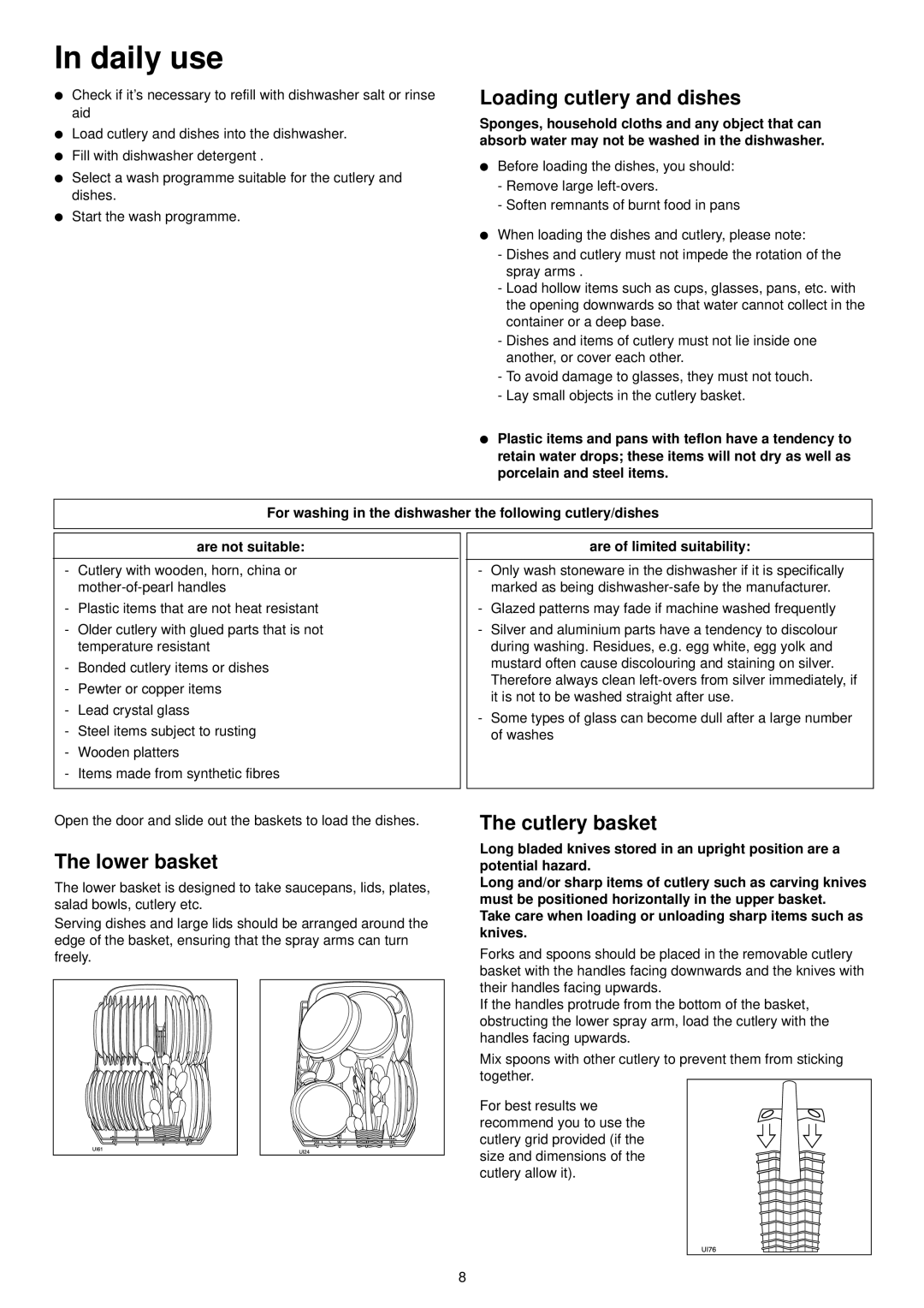 Zanussi ZDT 5053 manual Daily use, Loading cutlery and dishes, Lower basket, Cutlery basket, Are of limited suitability 
