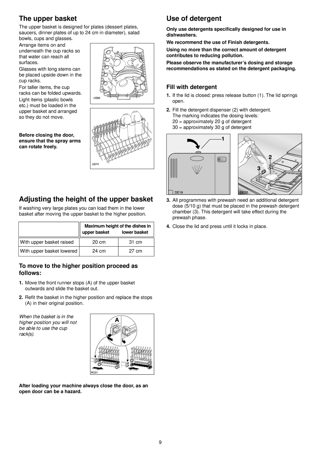 Zanussi ZDT 5053 manual Upper basket, Adjusting the height of the upper basket, Use of detergent, Fill with detergent 