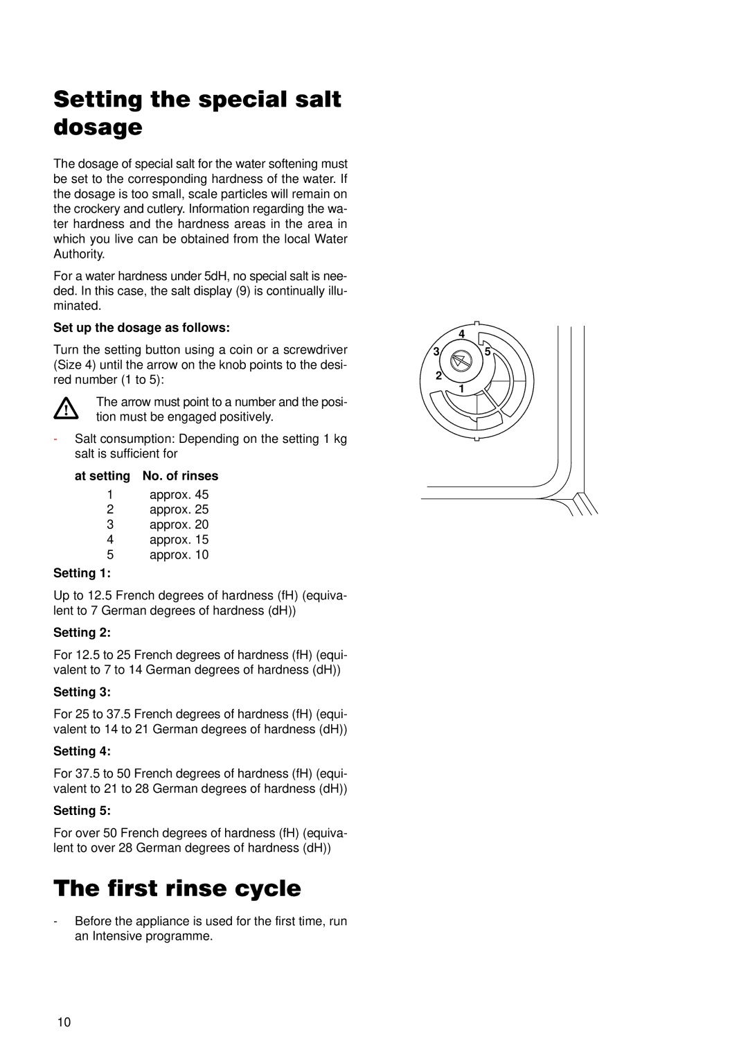 Zanussi ZDT 5895 manual Setting the special salt dosage, First rinse cycle, Set up the dosage as follows 