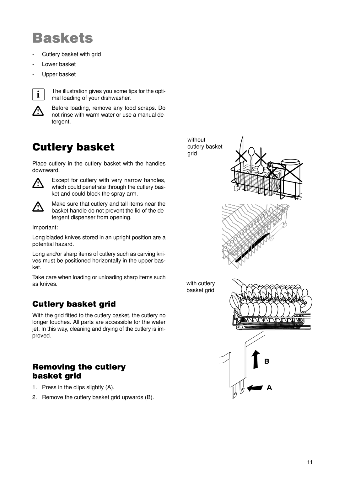 Zanussi ZDT 5895 manual Baskets, Cutlery basket grid, Removing the cutlery basket grid 