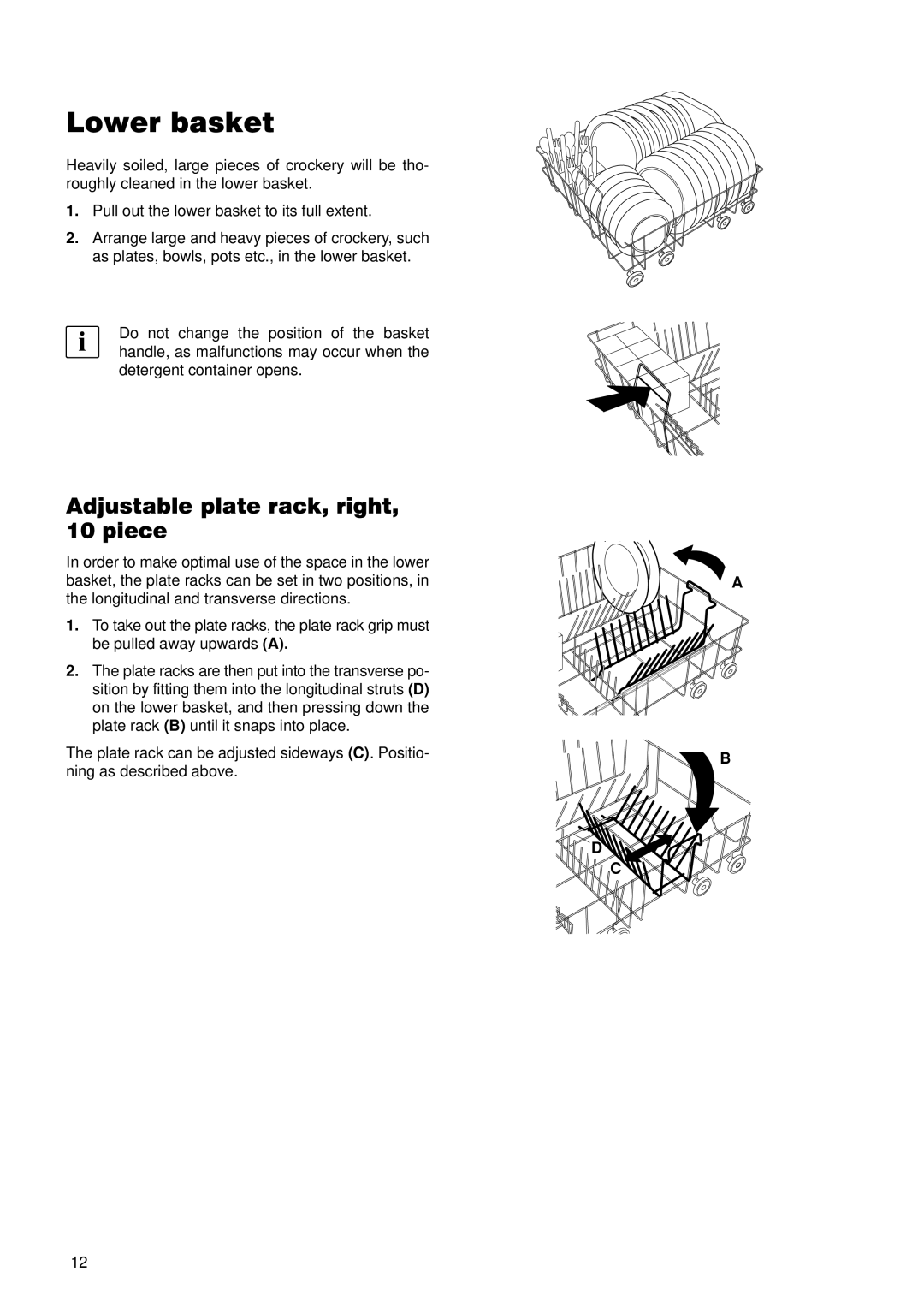 Zanussi ZDT 5895 manual Lower basket, Adjustable plate rack, right, 10 piece 