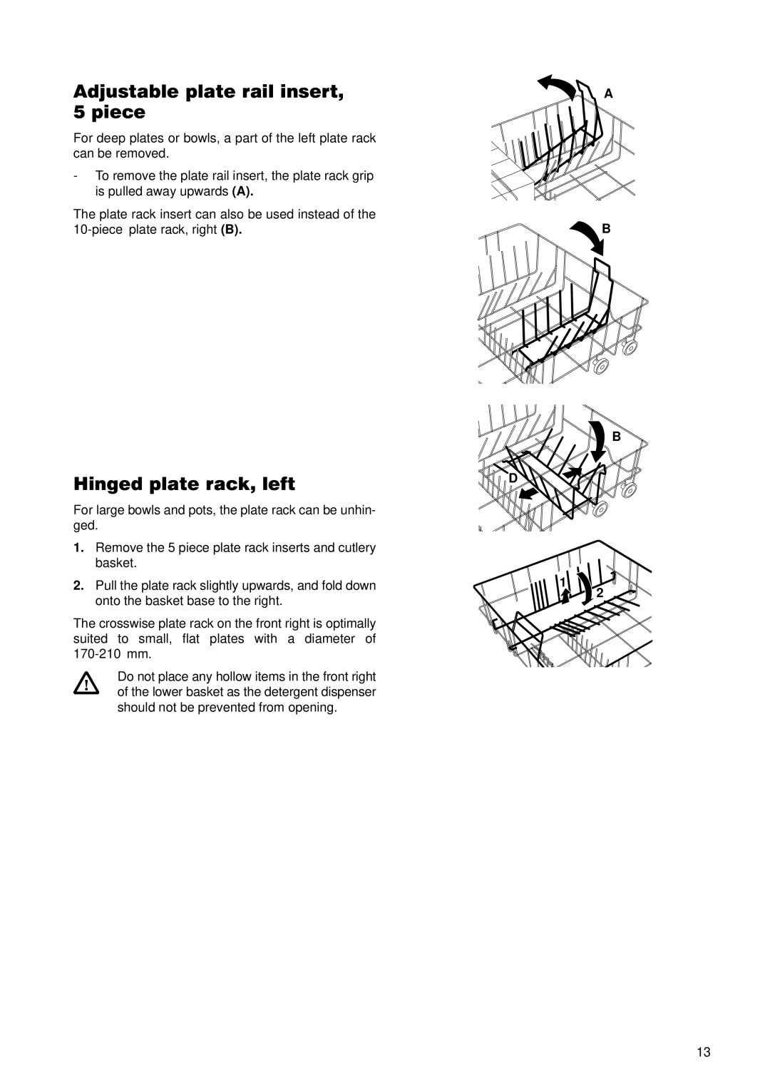 Zanussi ZDT 5895 manual Adjustable plate rail insert, 5 piece, Hinged plate rack, left 