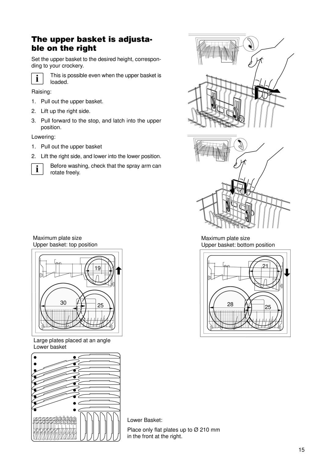 Zanussi ZDT 5895 manual Upper basket is adjusta− ble on the right, Raising, Lowering, Upper basket bottom position 