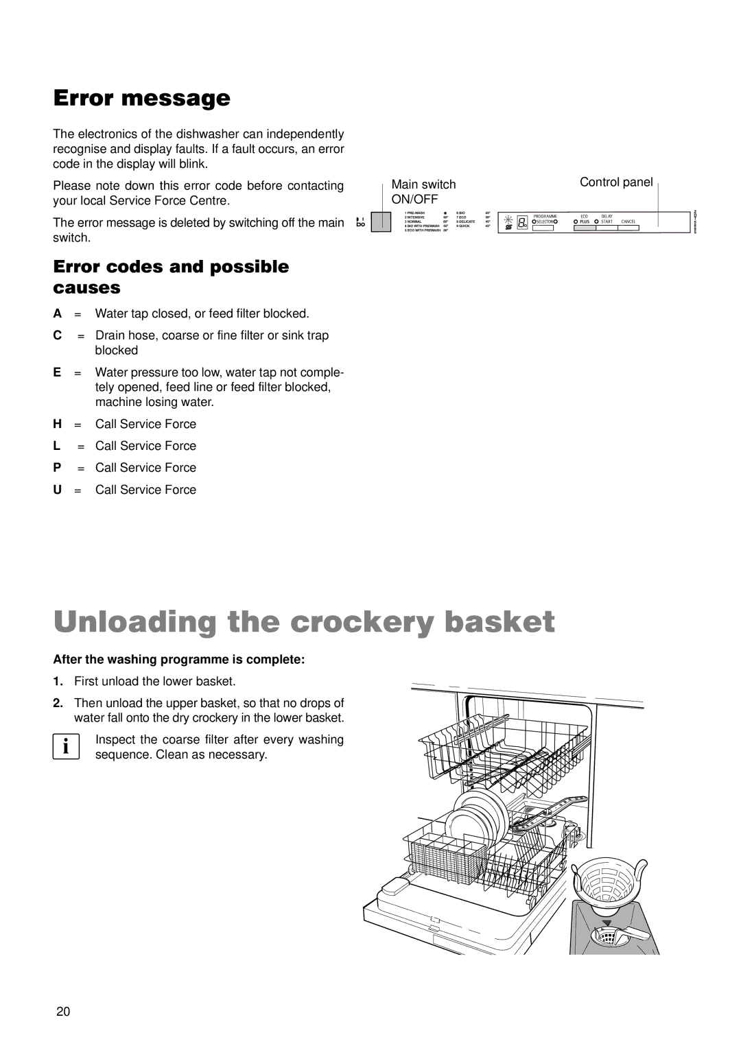 Zanussi ZDT 5895 manual Unloading the crockery basket, Error message, Error codes and possible causes 