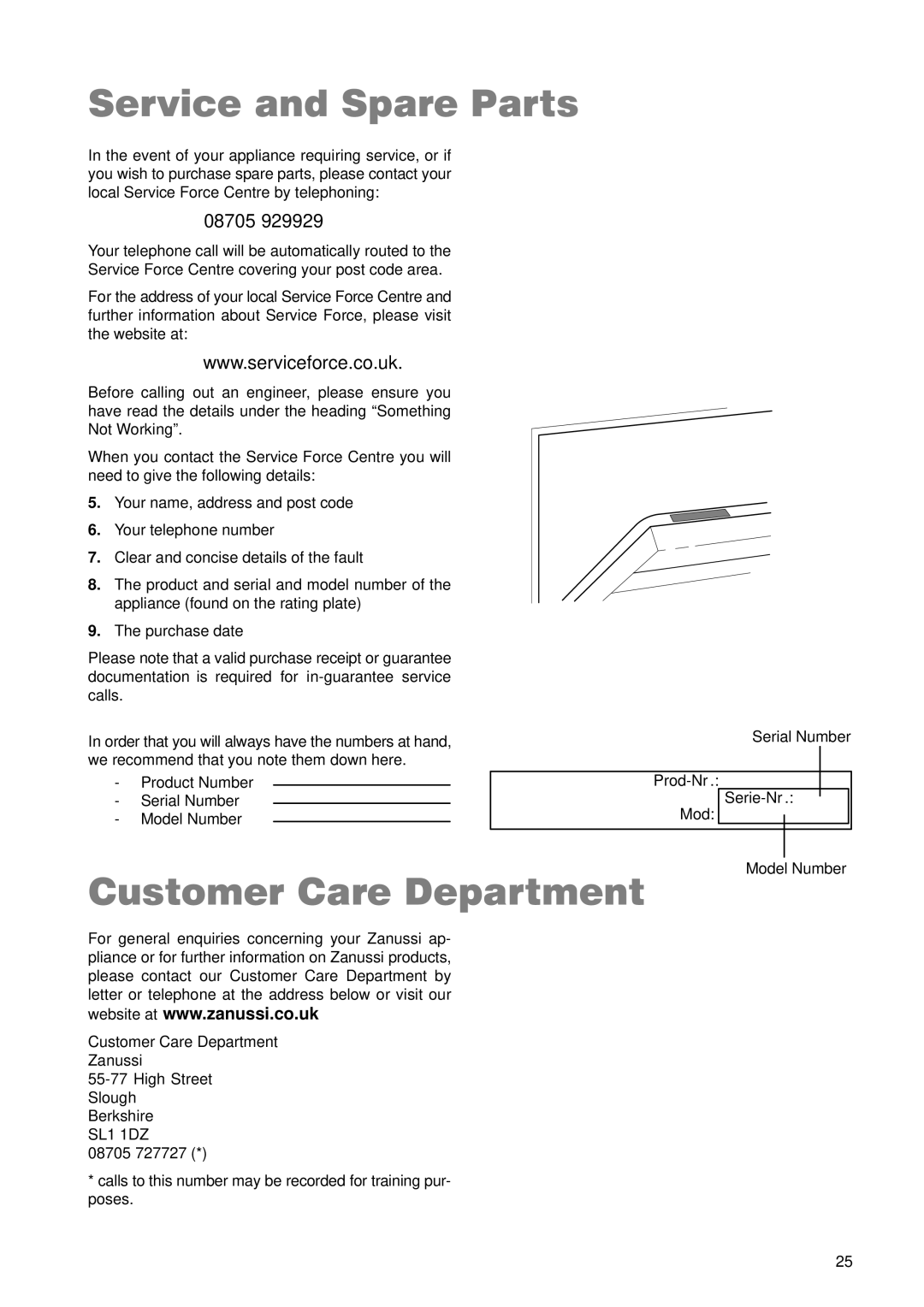 Zanussi ZDT 5895 manual Service and Spare Parts, Customer Care Department 