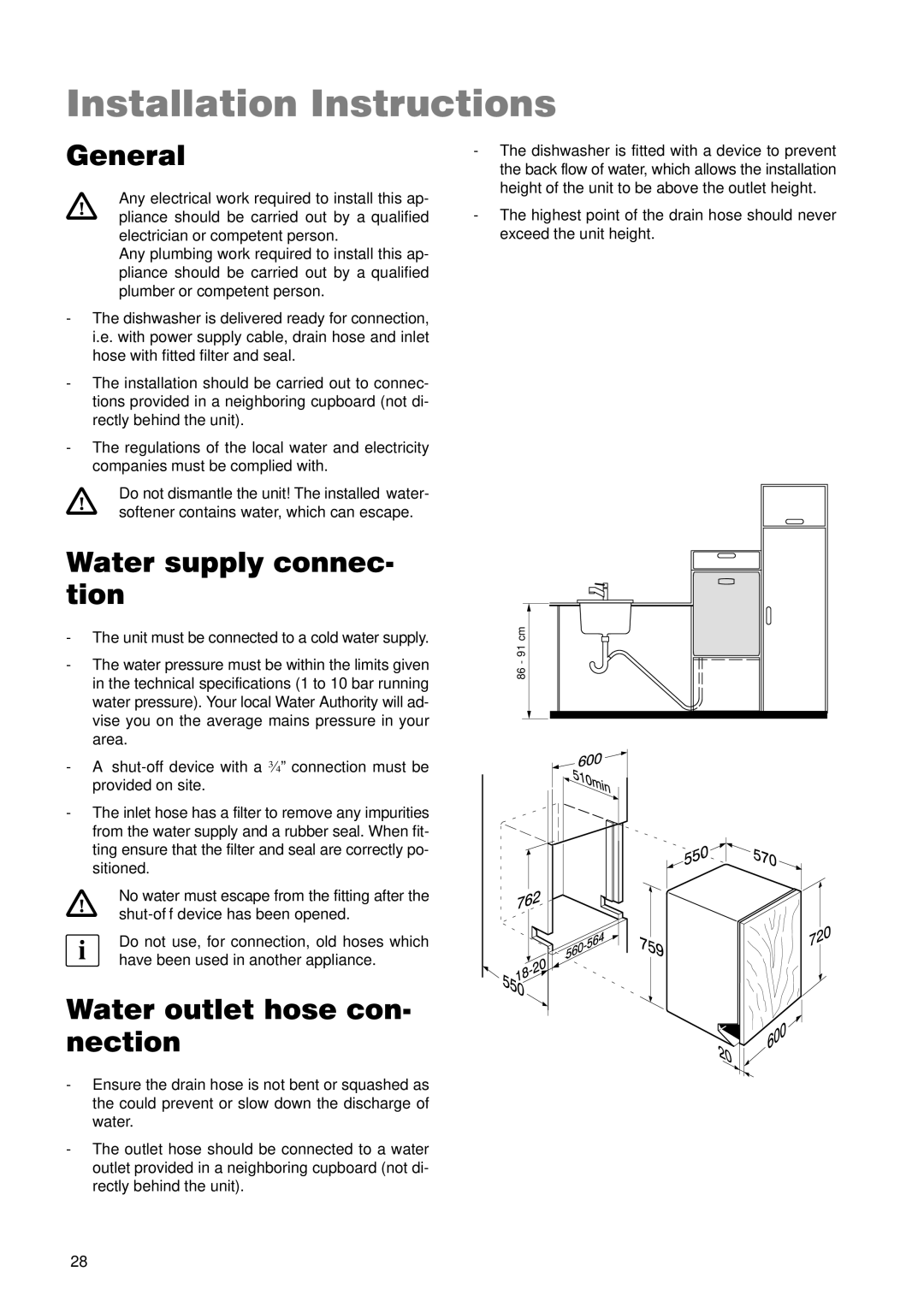 Zanussi ZDT 5895 manual Installation Instructions, General, Water supply connec− tion, Water outlet hose con− nection 