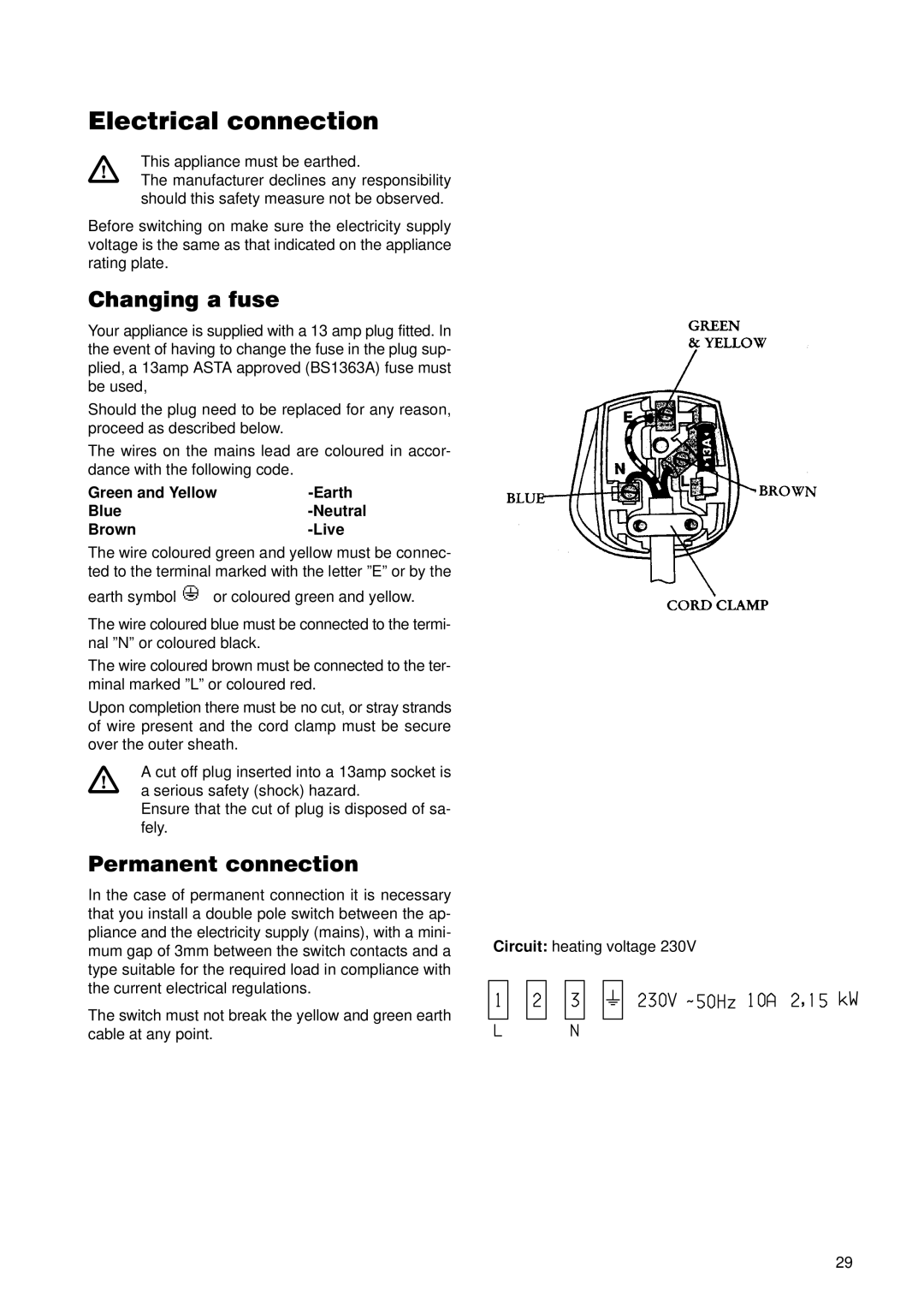 Zanussi ZDT 5895 manual Changing a fuse, Permanent connection, Green and Yellow Earth Blue Neutral Brown Live 