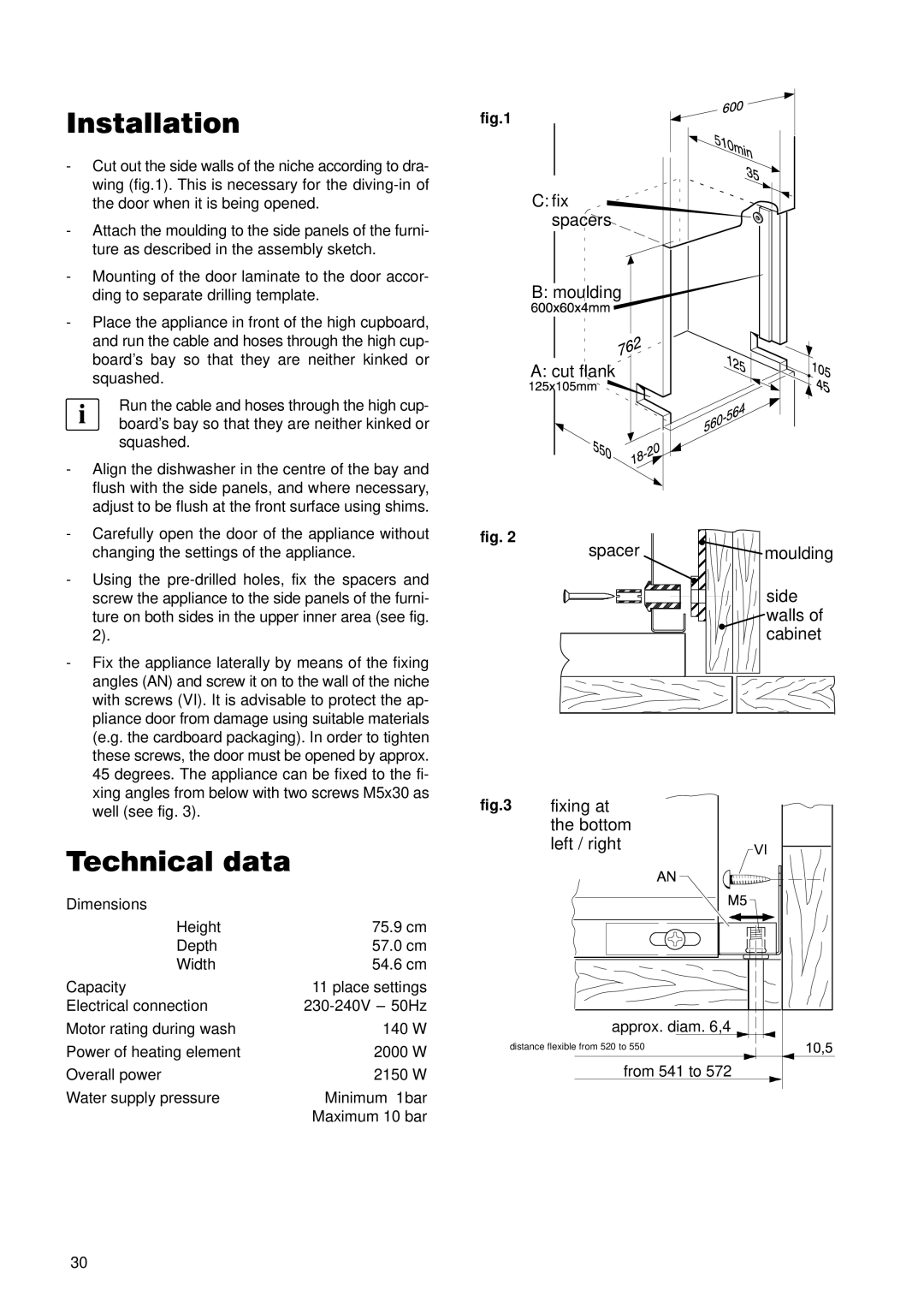 Zanussi ZDT 5895 manual Installation, Technical data 