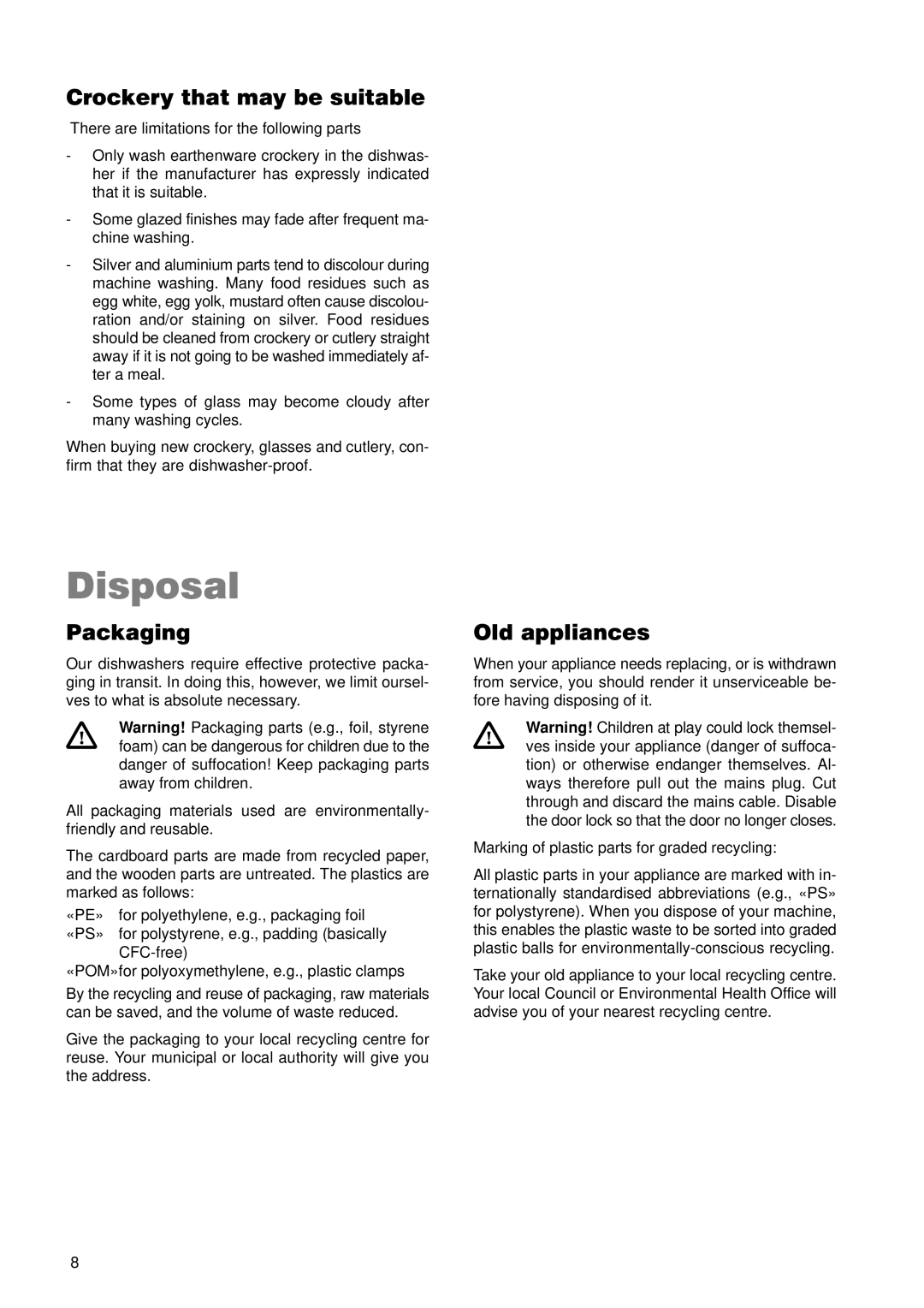 Zanussi ZDT 5895 manual Disposal, Crockery that may be suitable, Packaging, Old appliances 