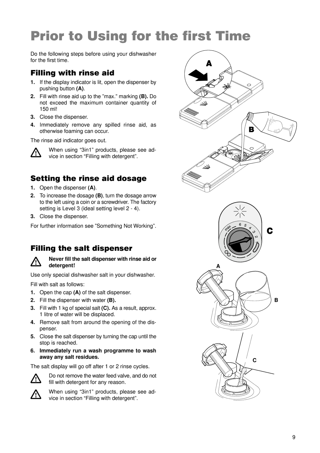 Zanussi ZDT 5895 manual Prior to Using for the first Time, Filling with rinse aid, Setting the rinse aid dosage 