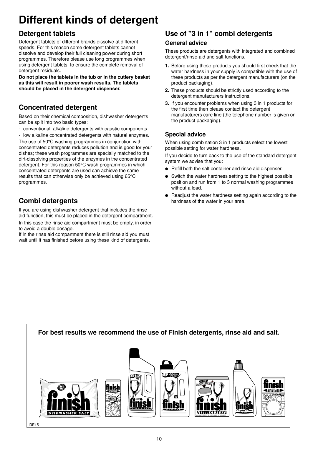 Zanussi ZDT 6041 manual Different kinds of detergent, Detergent tablets, Concentrated detergent, Combi detergents 