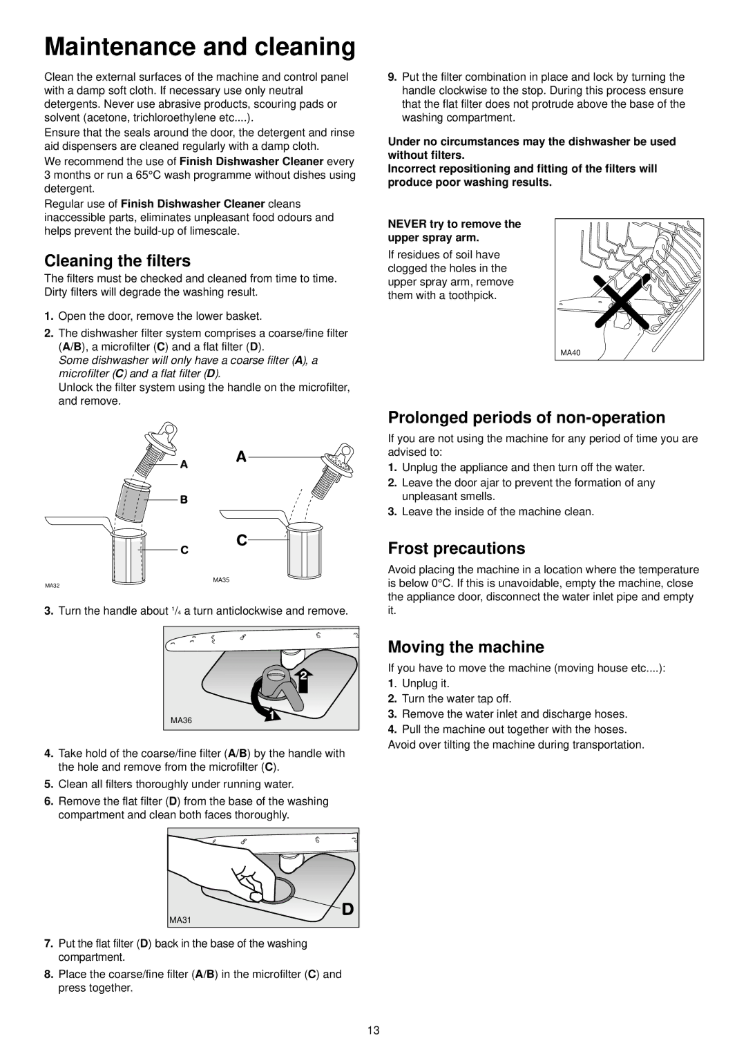 Zanussi ZDT 6041 Maintenance and cleaning, Cleaning the filters, Prolonged periods of non-operation, Frost precautions 