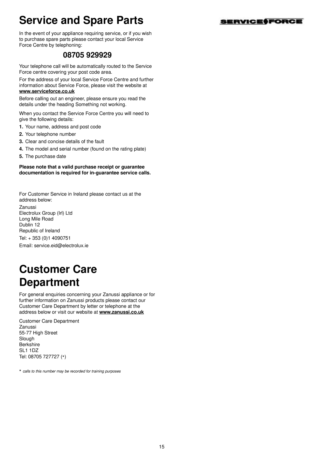 Zanussi ZDT 6041 manual Service and Spare Parts, Customer Care Department 