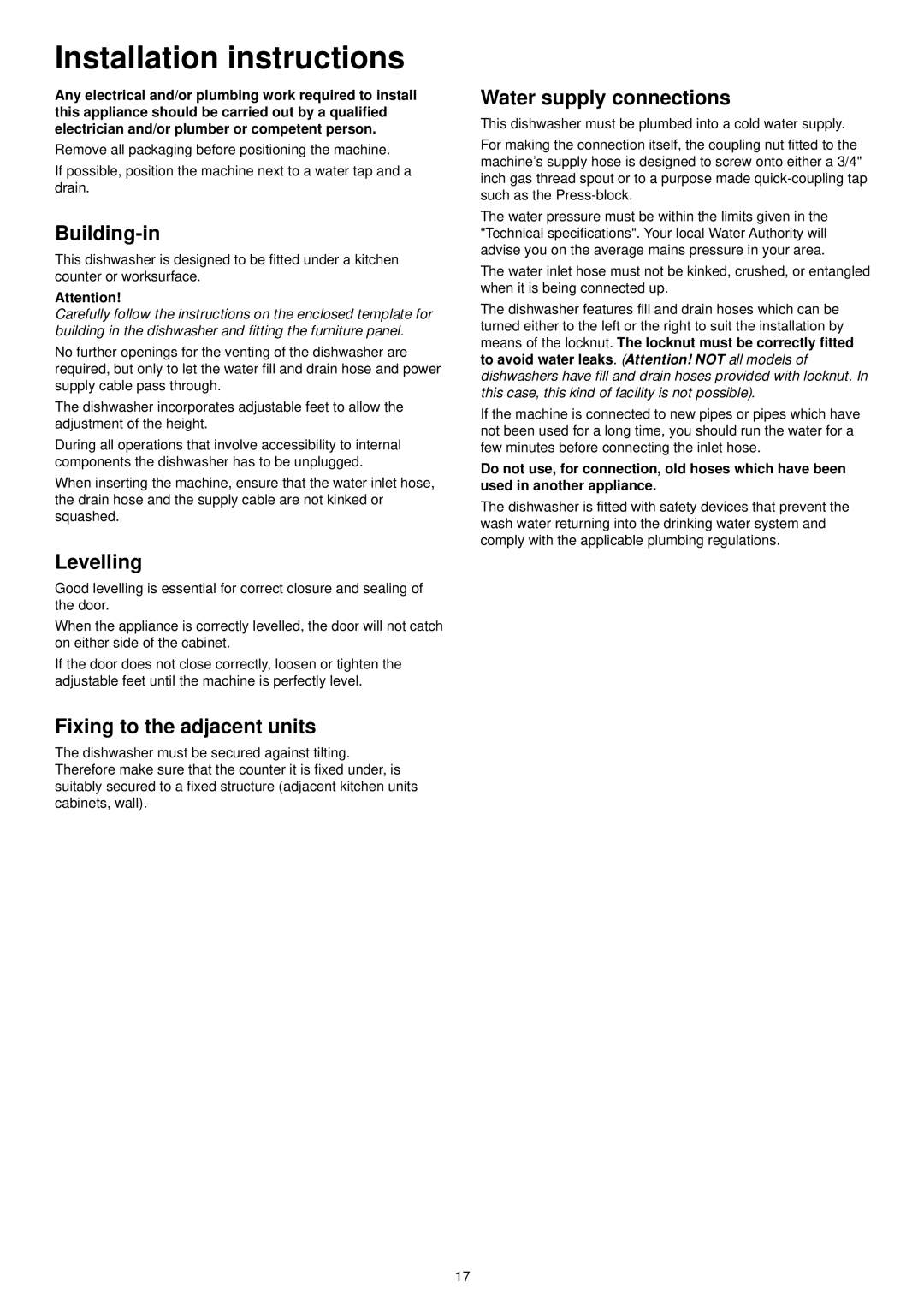 Zanussi ZDT 6041 Installation instructions, Building-in, Levelling, Fixing to the adjacent units, Water supply connections 