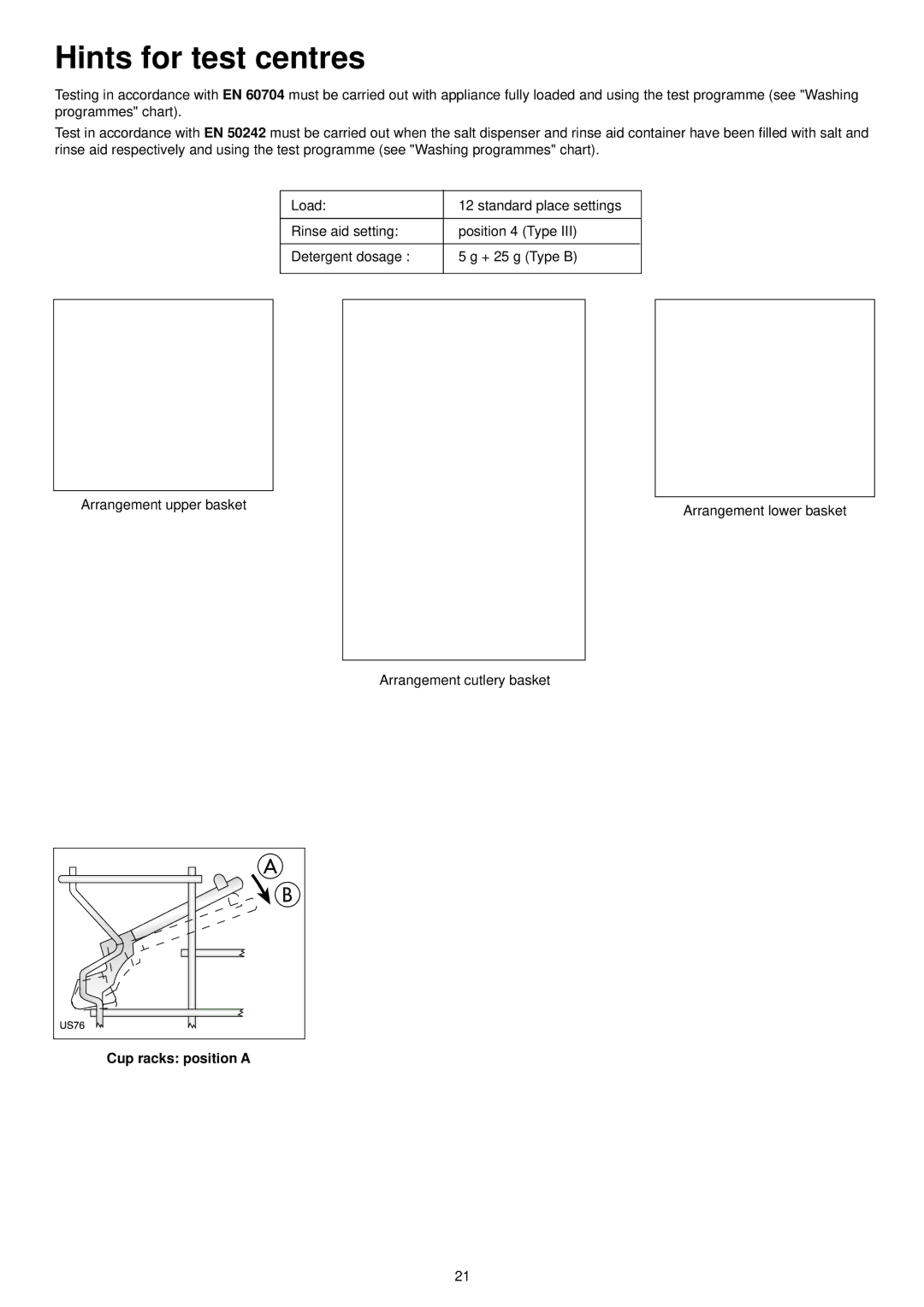 Zanussi ZDT 6053 manual Hints for test centres, Cup racks position a 