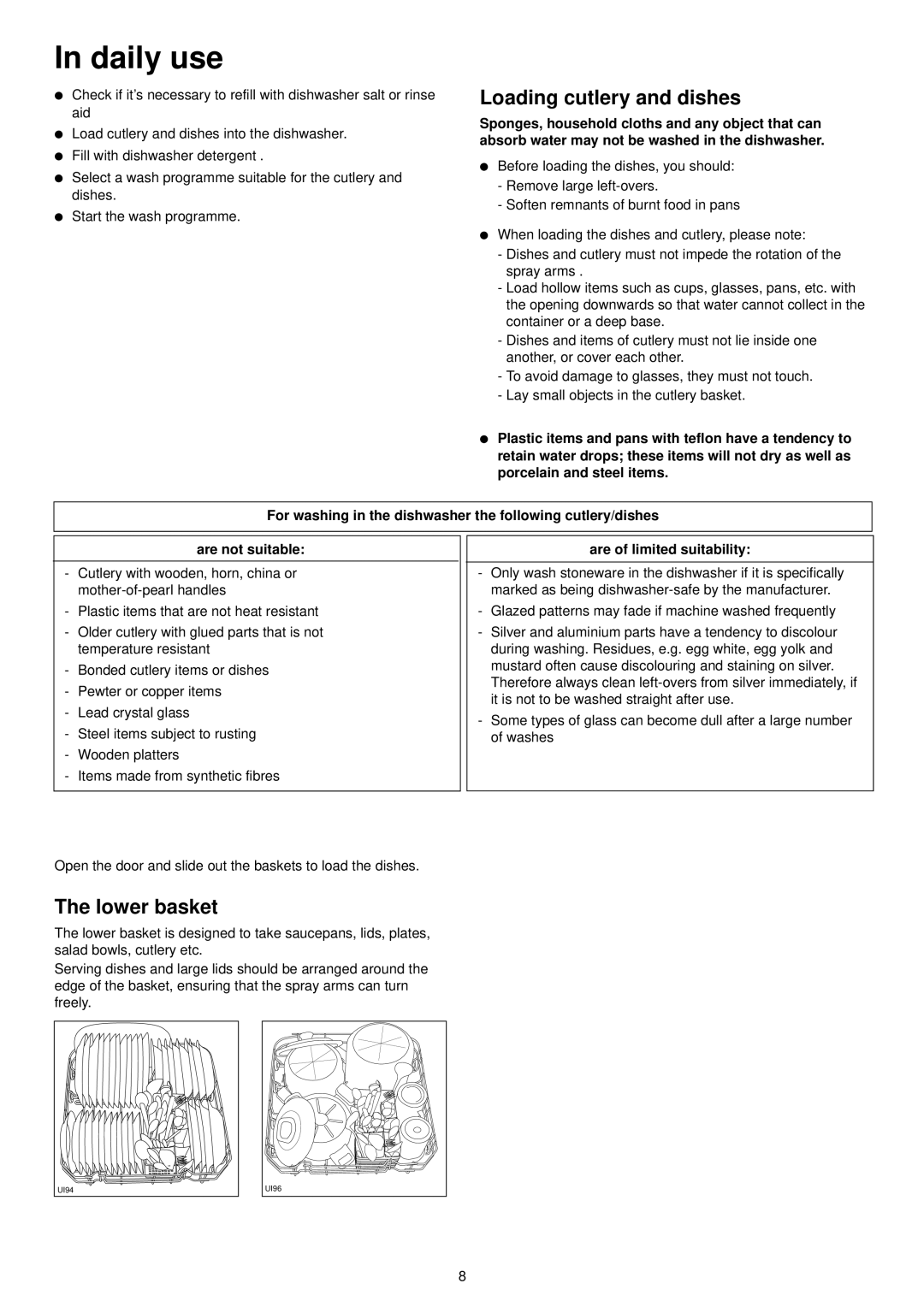 Zanussi ZDT 6053 manual Daily use, Loading cutlery and dishes, Lower basket, Are of limited suitability 