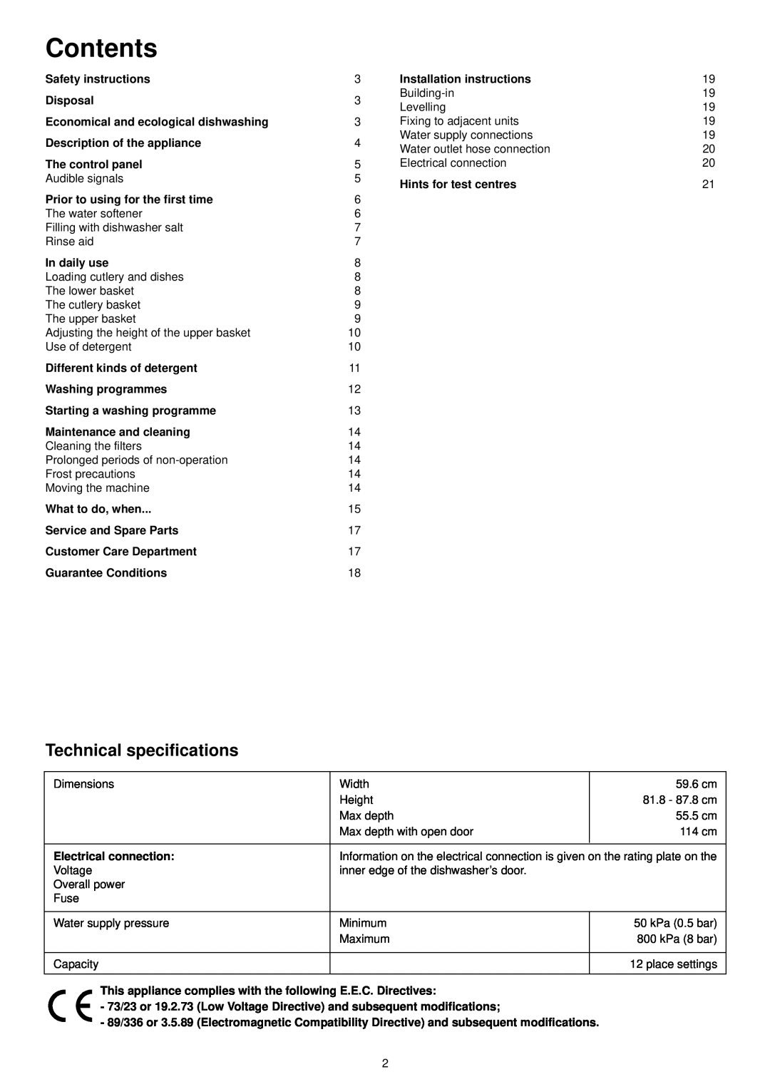Zanussi ZDT 6053 manual Contents, Technical specifications 