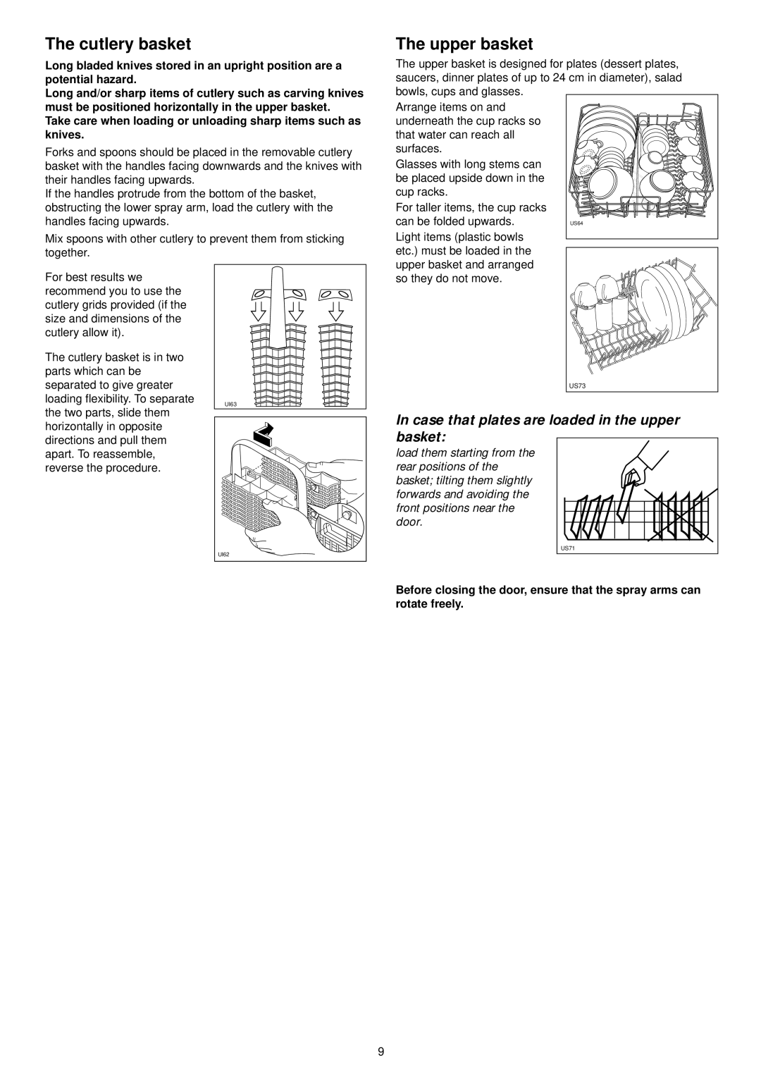 Zanussi ZDT 6053 manual The cutlery basket, The upper basket, In case that plates are loaded in the upper basket 
