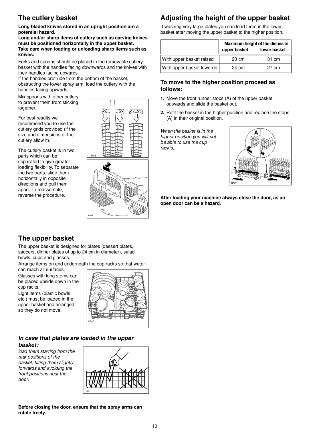 Zanussi ZDT 6244 manual Cutlery basket, Adjusting the height of the upper basket, Upper basket 