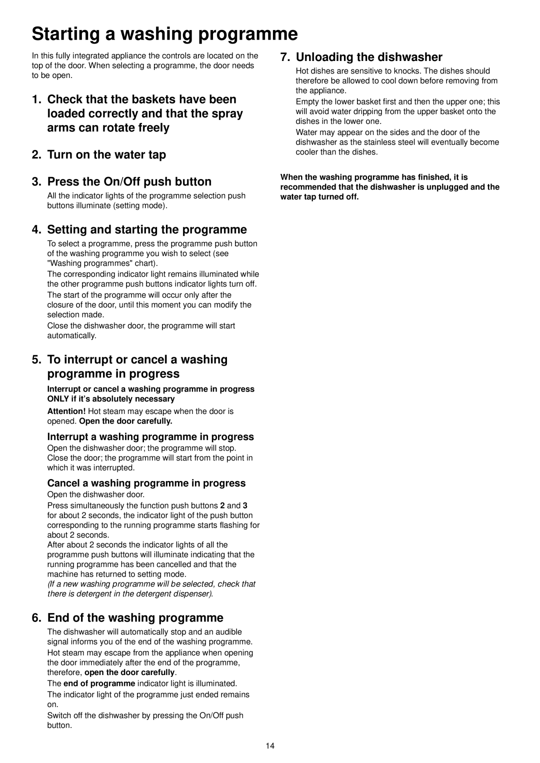 Zanussi ZDT 6244 manual Starting a washing programme, Unloading the dishwasher, Setting and starting the programme 