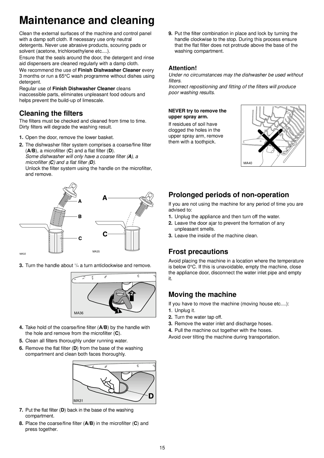 Zanussi ZDT 6244 Maintenance and cleaning, Cleaning the filters, Prolonged periods of non-operation, Frost precautions 