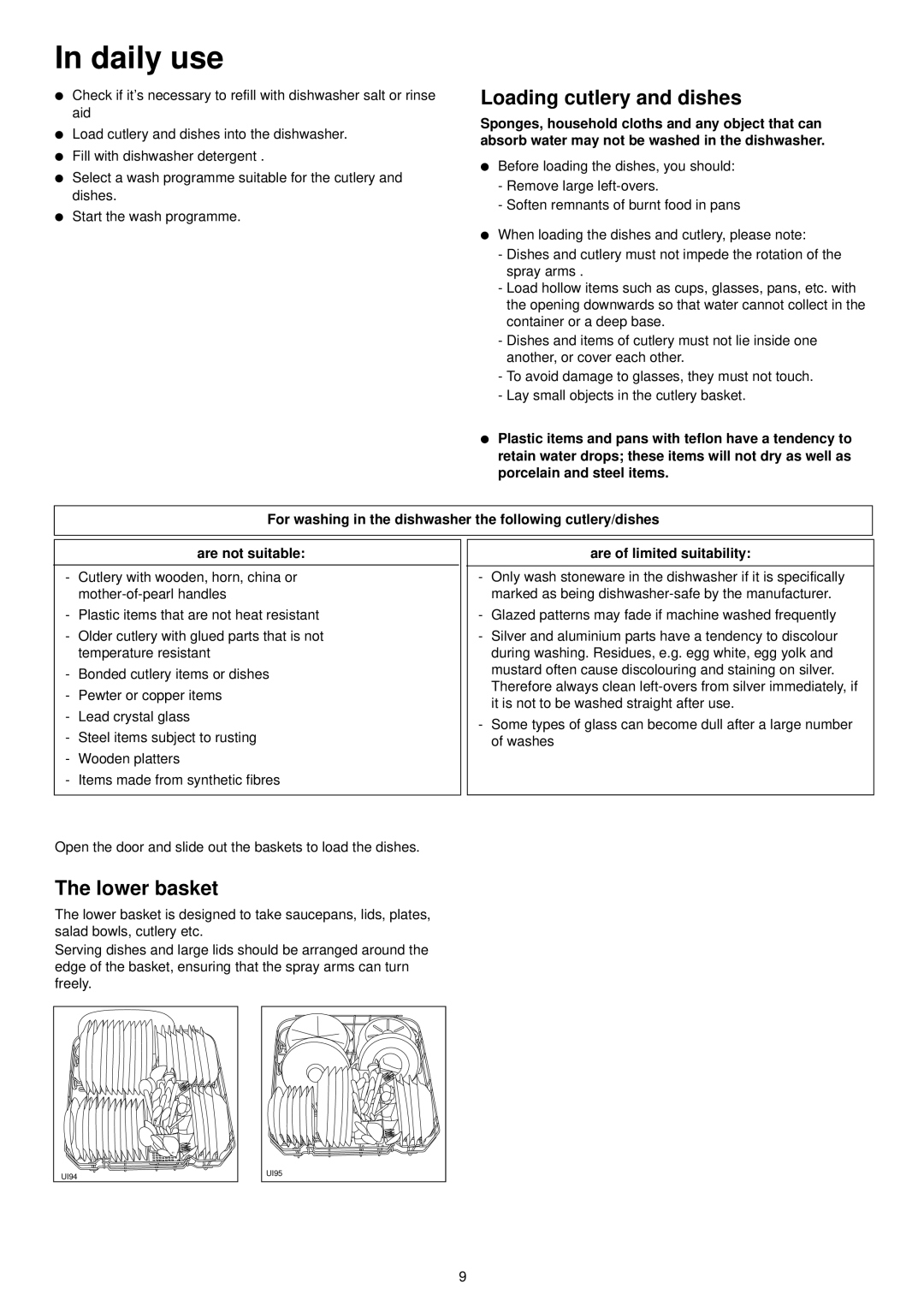 Zanussi ZDT 6244 manual Daily use, Loading cutlery and dishes, Lower basket, Are of limited suitability 