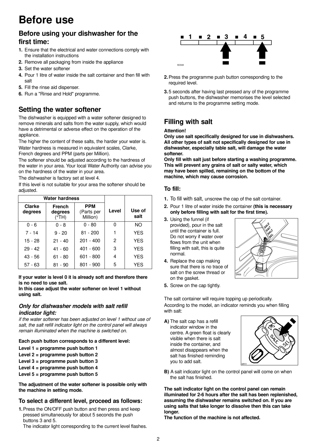 Zanussi ZDT 6252 manual Before use, Setting the water softener, Filling with salt, To fill 