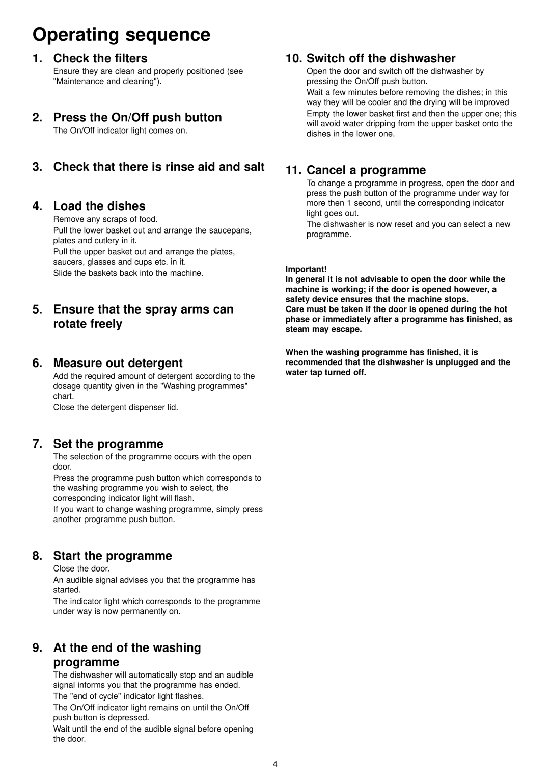 Zanussi ZDT 6252 manual Operating sequence 